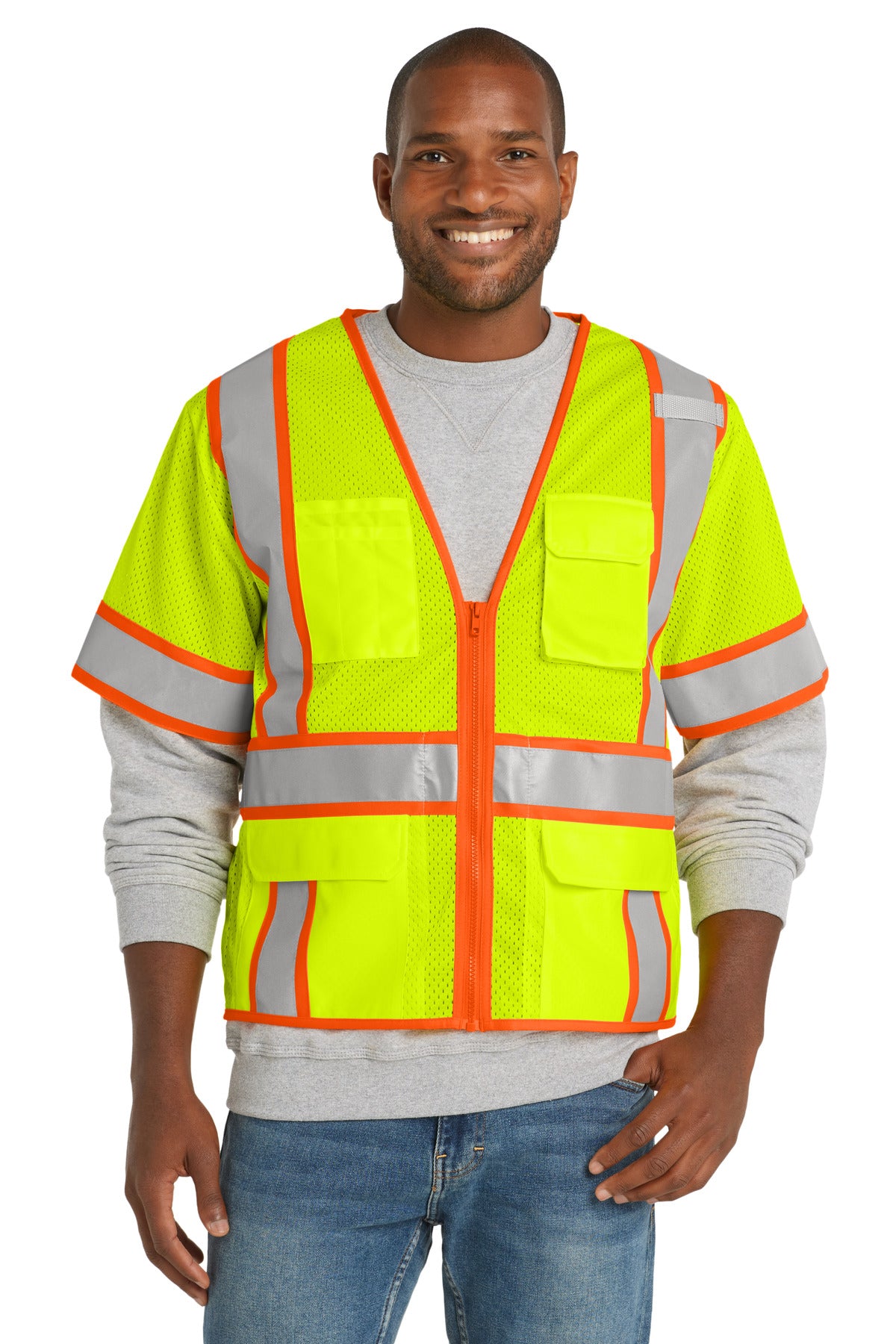 CornerStone ANSI 107 Class 3 Surveyor Mesh Zippered Two-Tone Short Sleeve Vest. CSV106 - Safety Yellow