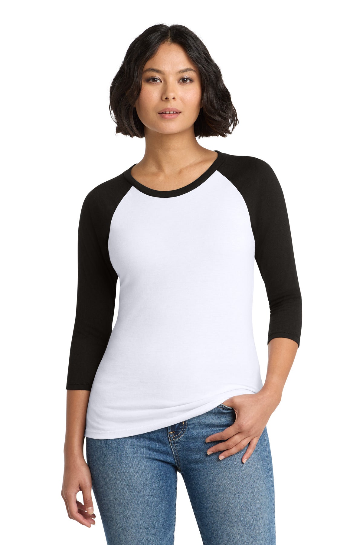 District Women's Perfect Tri 3/4-Sleeve Raglan. DM136L - Black/ White