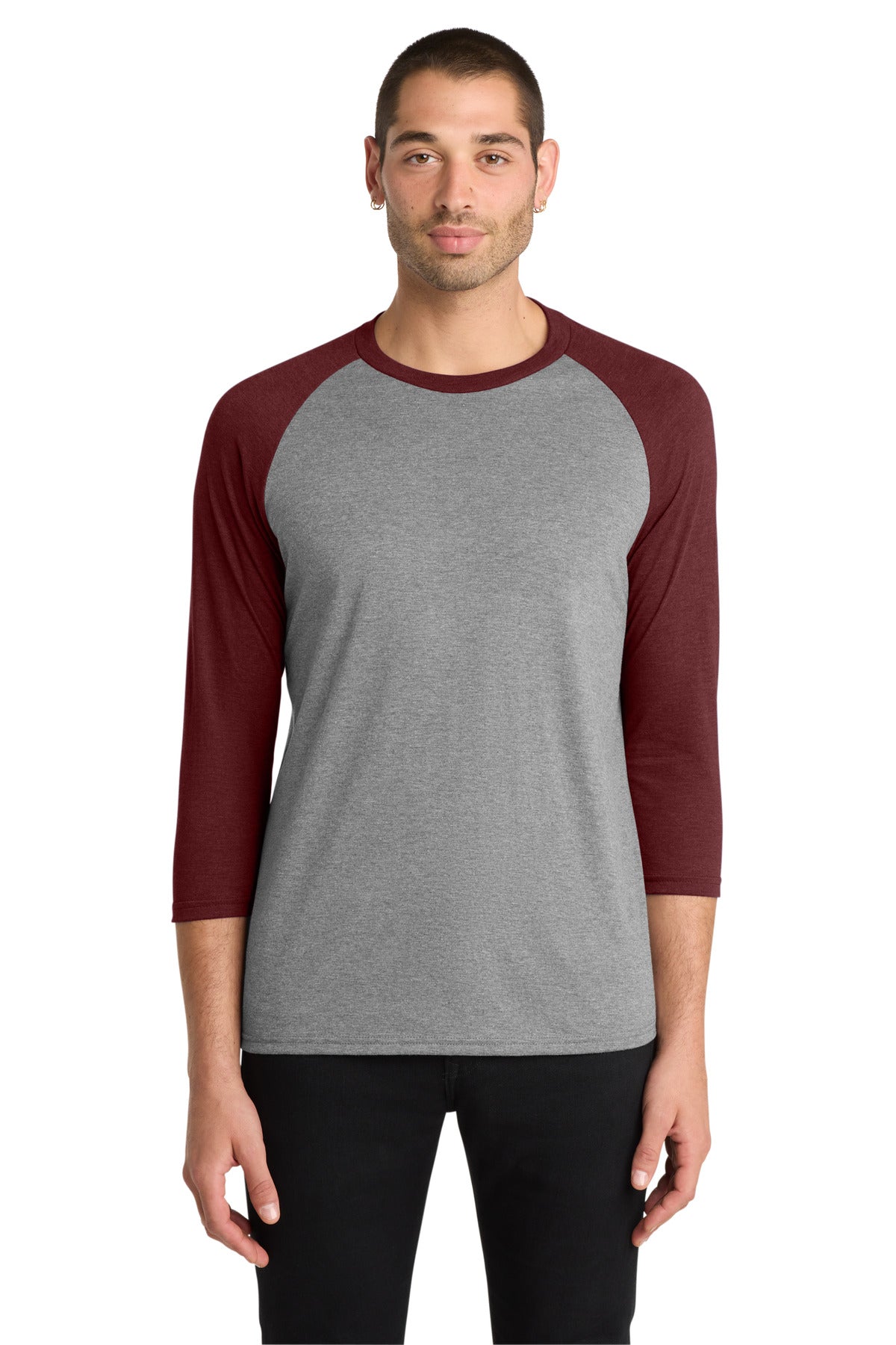 District Perfect Tri 3/4-Sleeve Raglan. DM136 - Maroon Frost/ Grey Frost