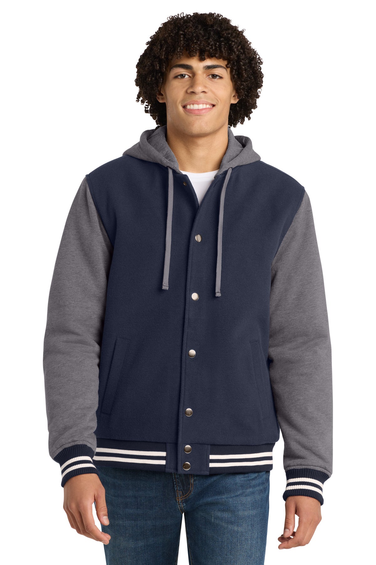 Sport-Tek Insulated Letterman Jacket. JST82 - True Navy/ Vintage Heather
