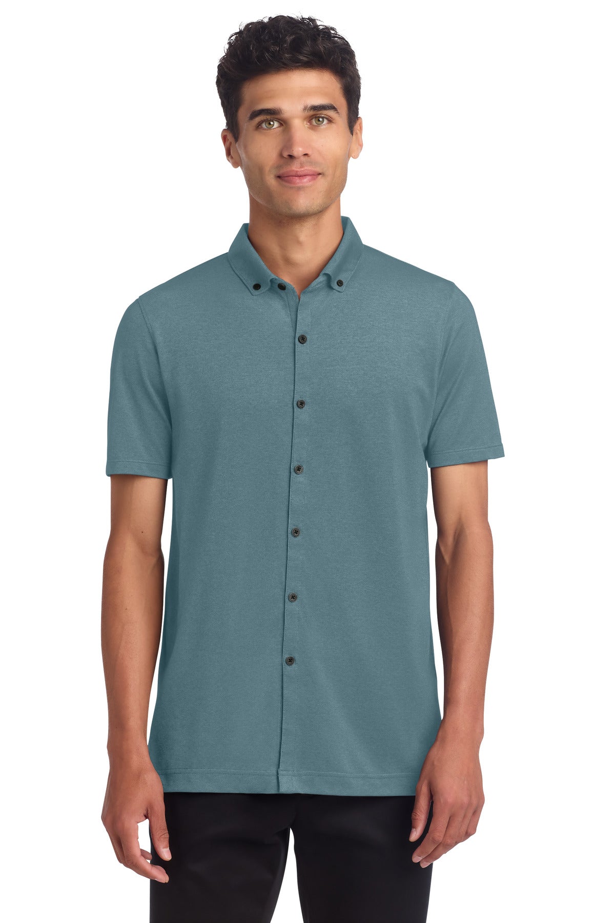 Mercer+Mettle Stretch Pique Full-Button Polo MM1006 - Parisian Blue Heather