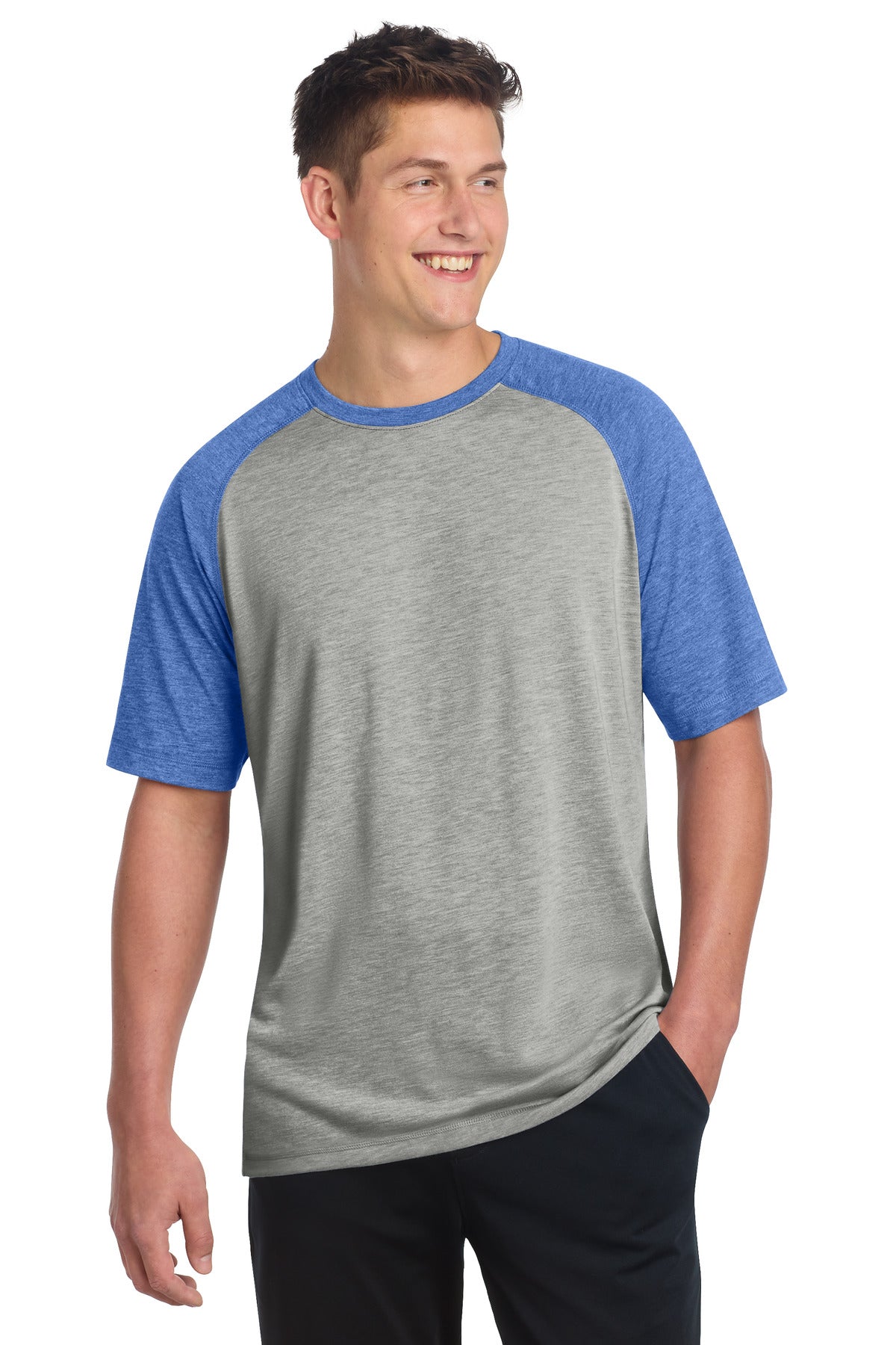 Sport-Tek PosiCharge Tri-Blend Wicking Raglan Tee. ST400 - True Royal Heather/ Light Grey Heather