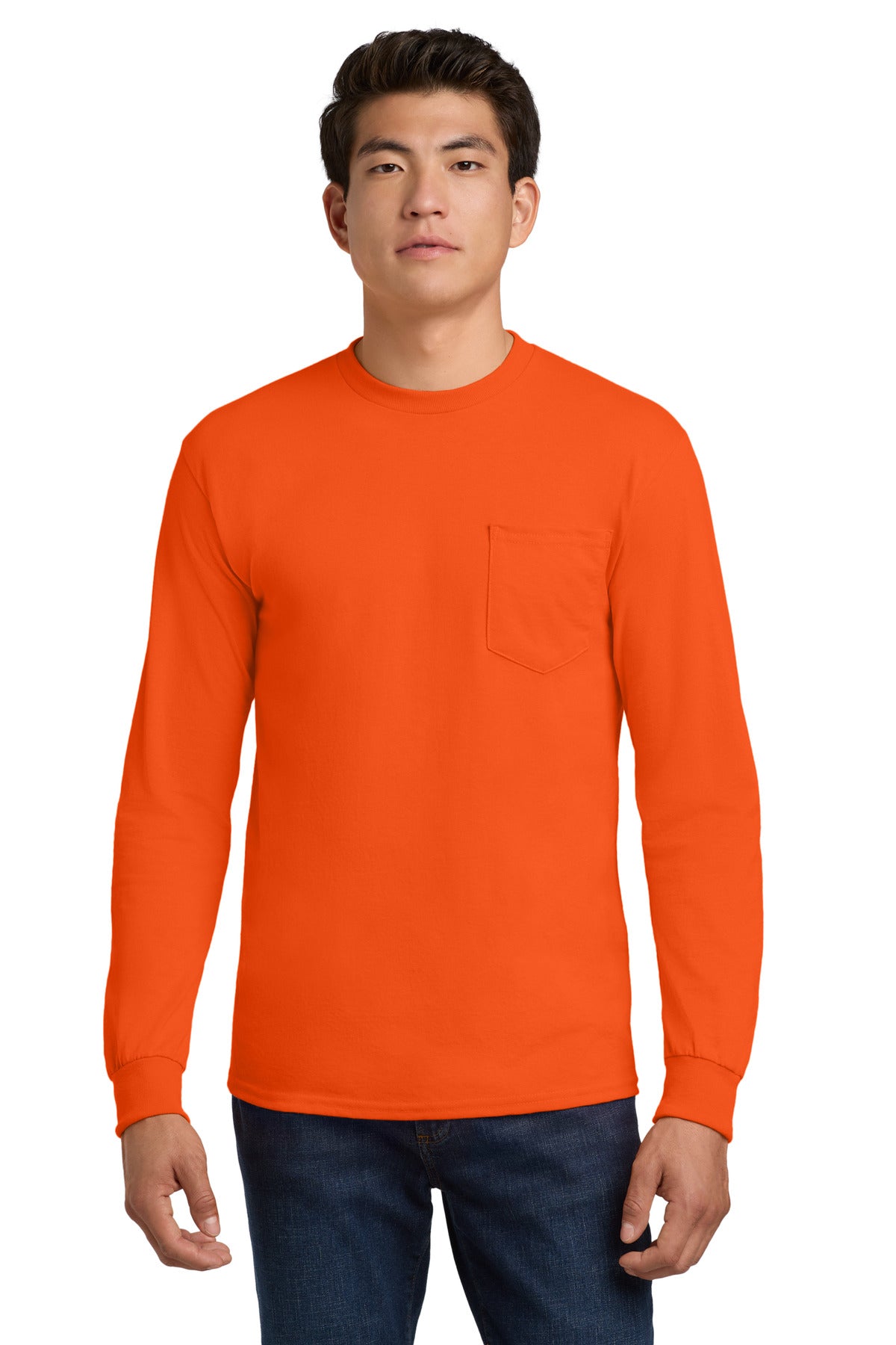 Gildan - Ultra Cotton 100% US Cotton Long Sleeve T-Shirt with Pocket.  2410 - S. Orange