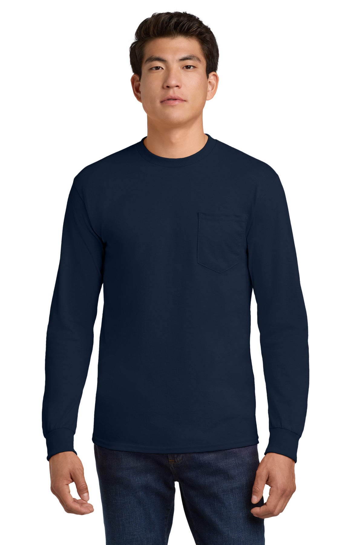 Gildan - Ultra Cotton 100% US Cotton Long Sleeve T-Shirt with Pocket.  2410 - Navy
