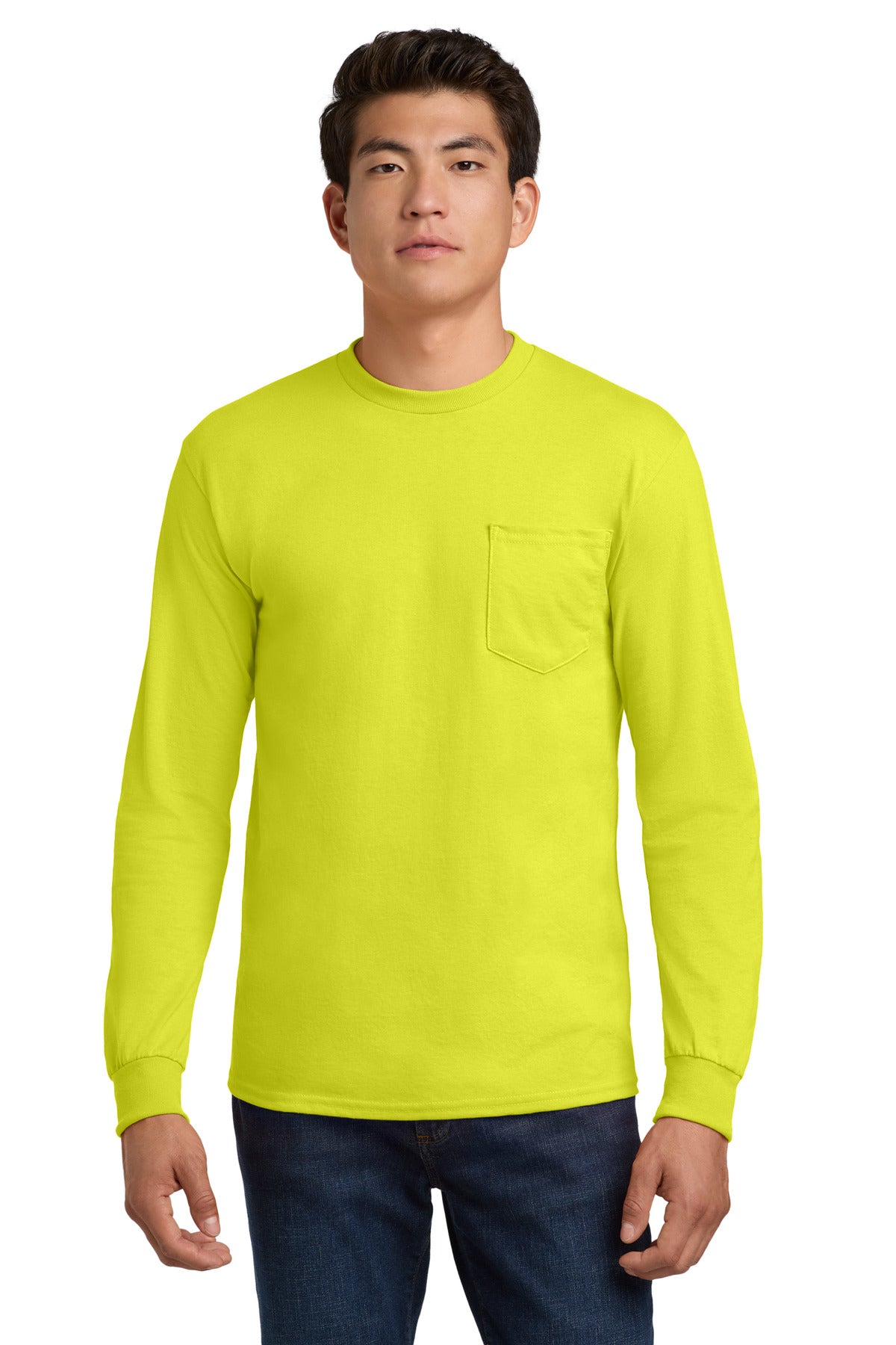 Gildan - Ultra Cotton 100% US Cotton Long Sleeve T-Shirt with Pocket.  2410 - Safety Green