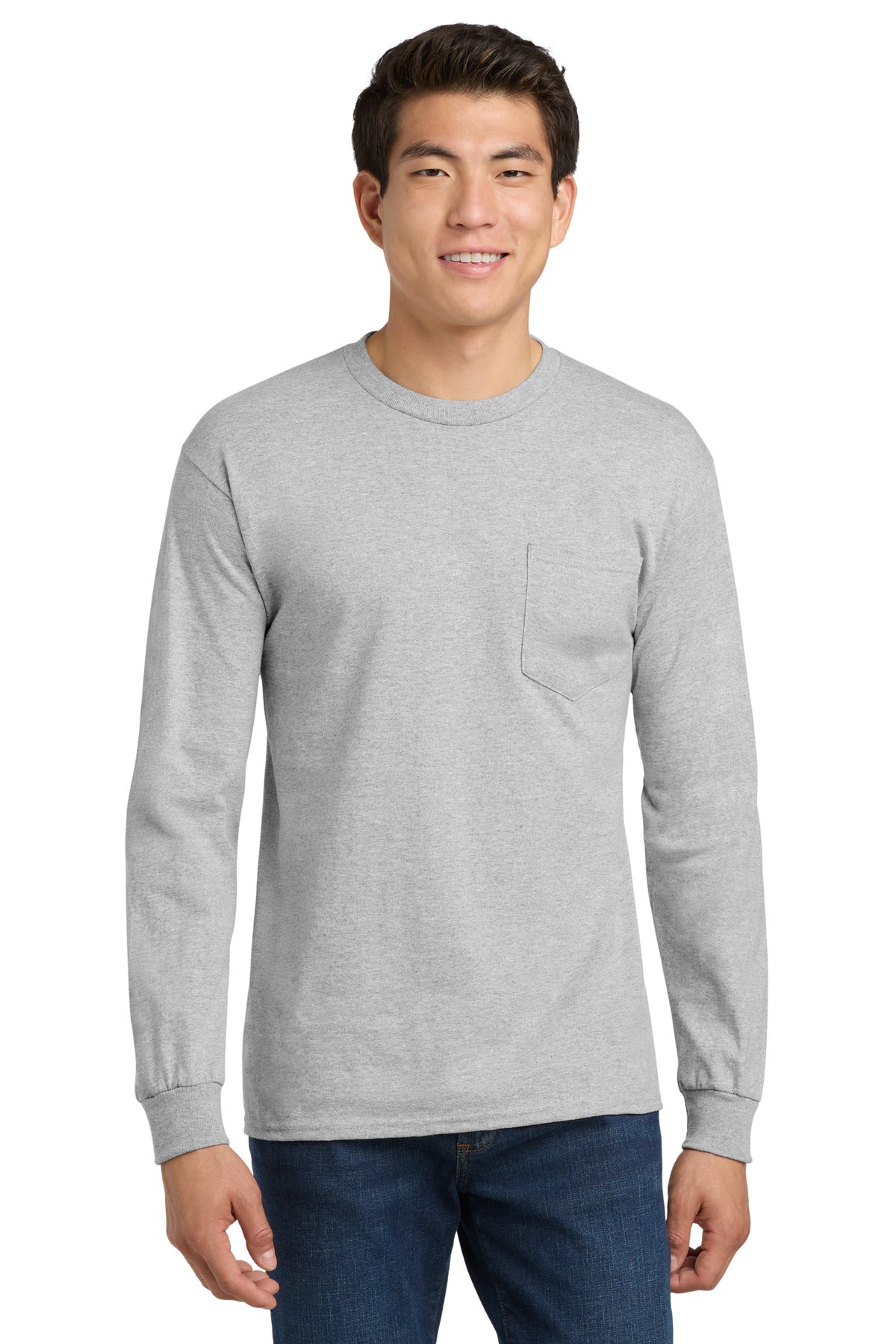 Gildan - Ultra Cotton 100% US Cotton Long Sleeve T-Shirt with Pocket.  2410 - Sport Grey