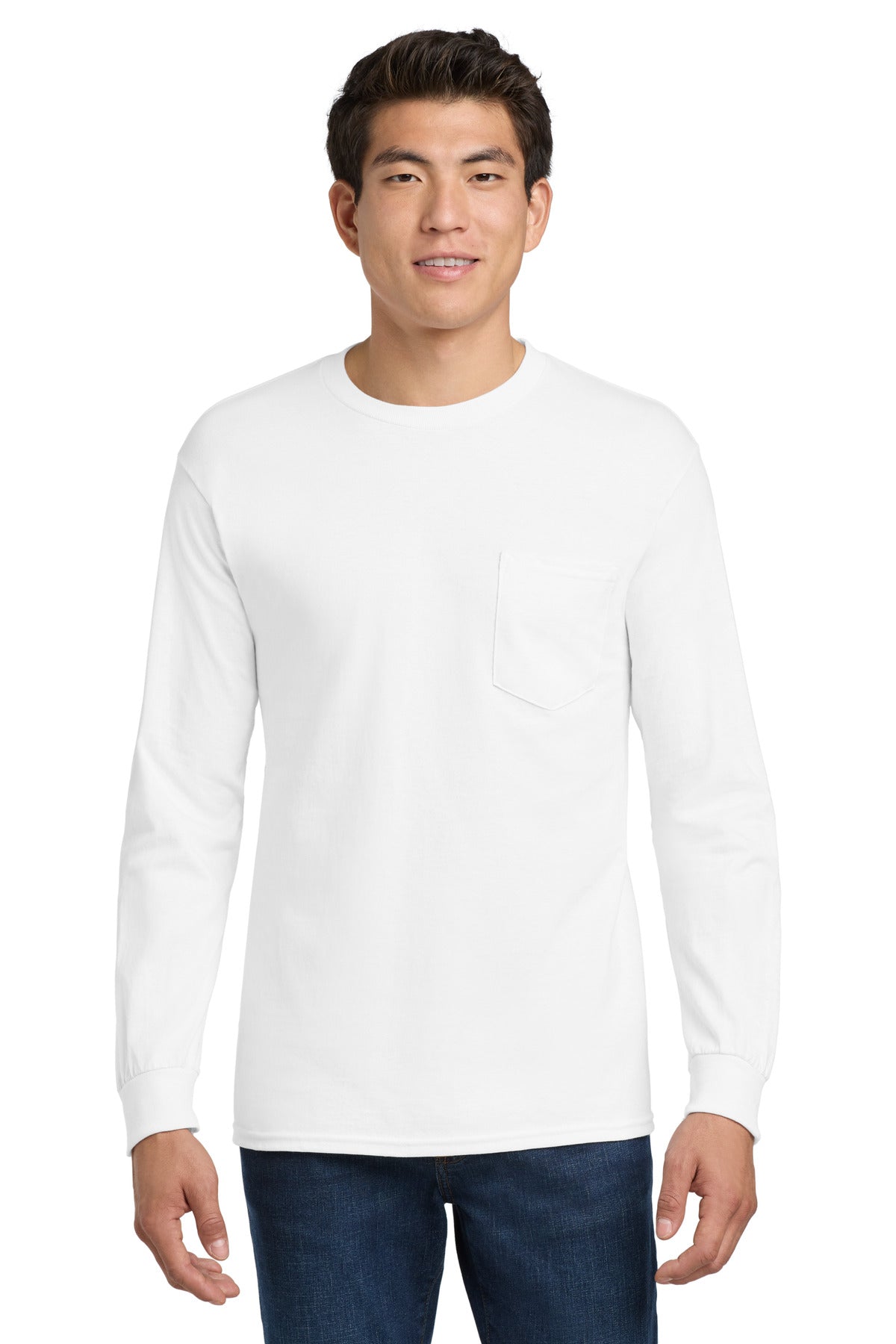 Gildan - Ultra Cotton 100% US Cotton Long Sleeve T-Shirt with Pocket.  2410 - White