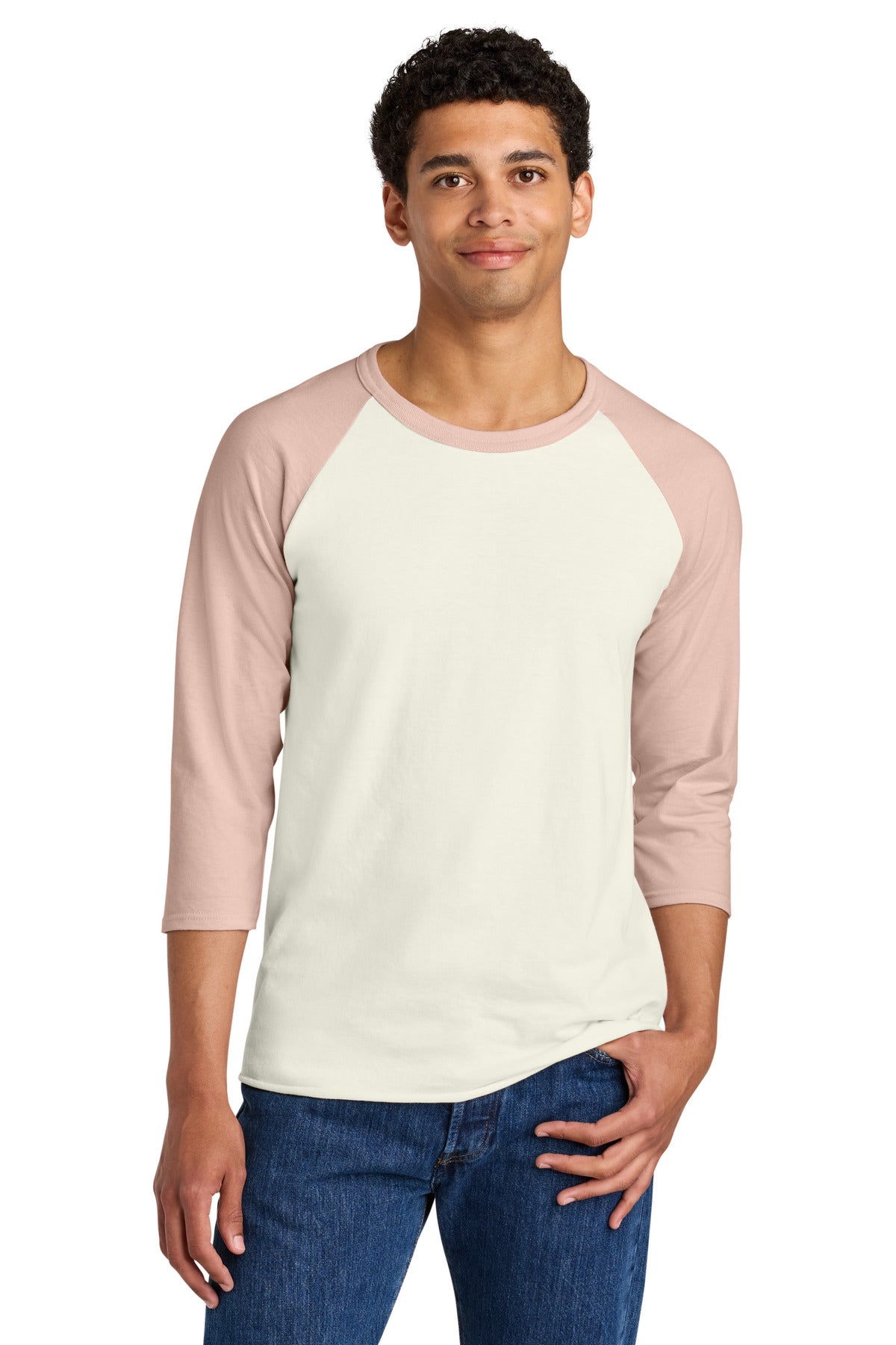 Jerzees Unisex Premium Blend Combed Ring Spun 3/4-Sleeve Raglan 560R - Sweet Cream Heather/ Blush Pink