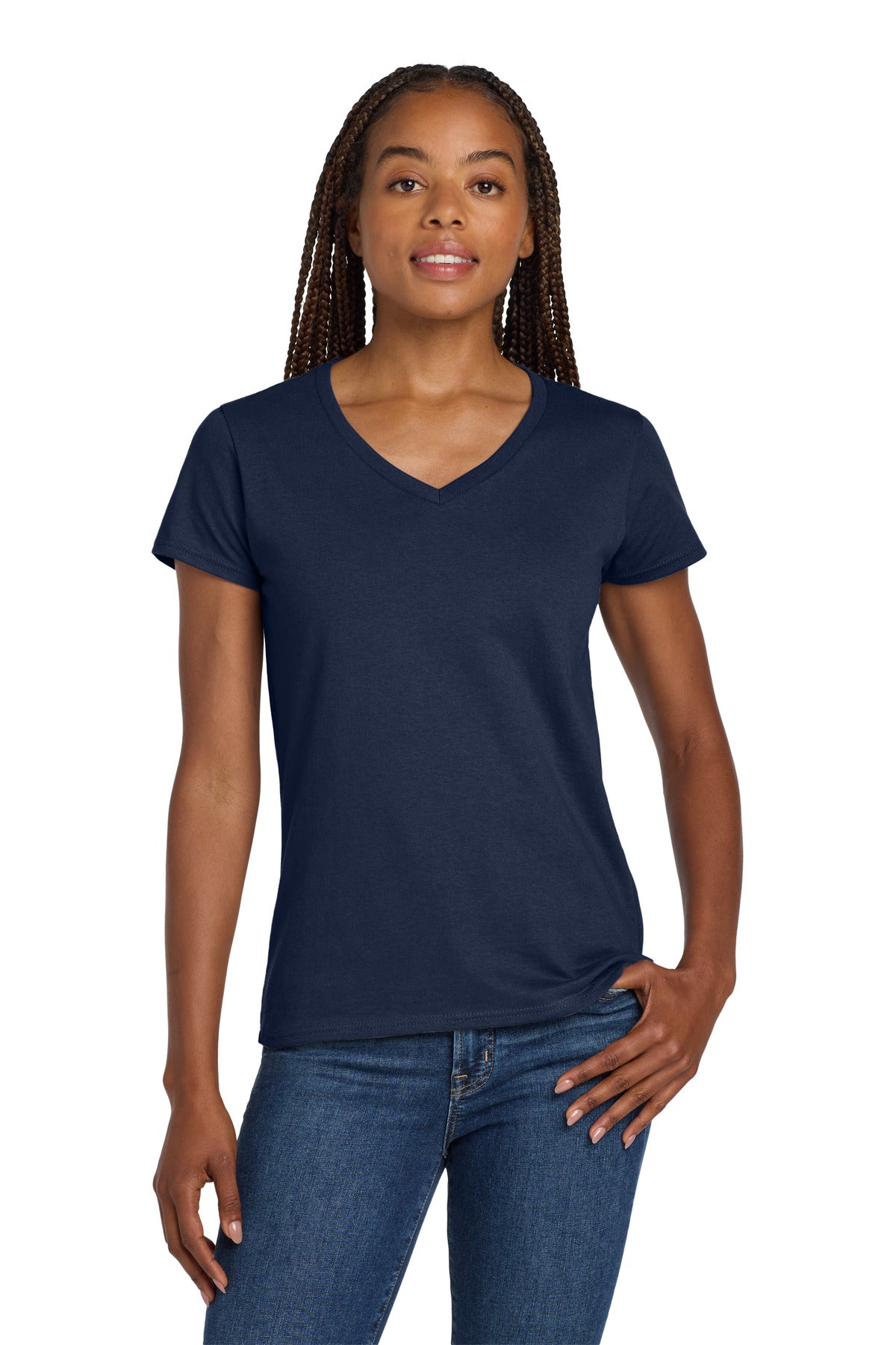 Gildan Women's Heavy Cotton 100% Cotton V-Neck T-Shirt. 5V00L - Navy