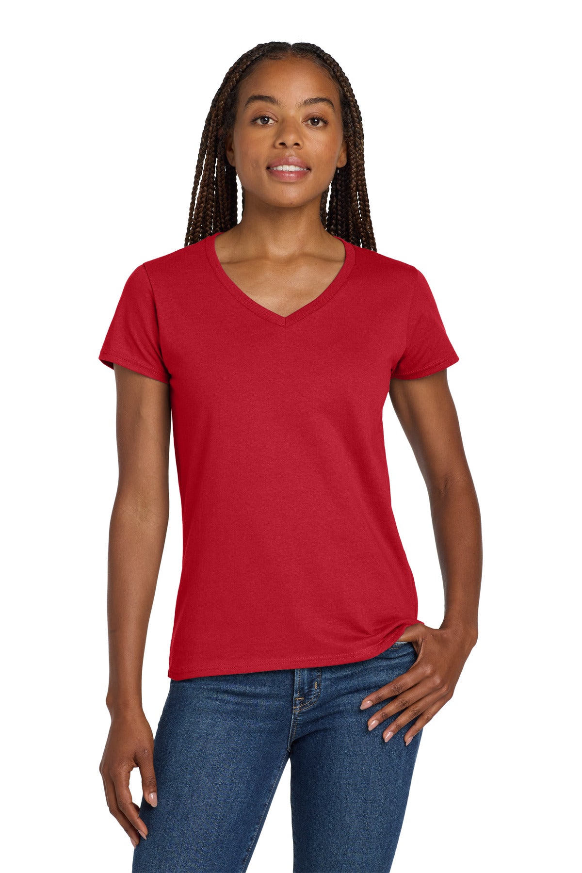 Gildan Women's Heavy Cotton 100% Cotton V-Neck T-Shirt. 5V00L - Red