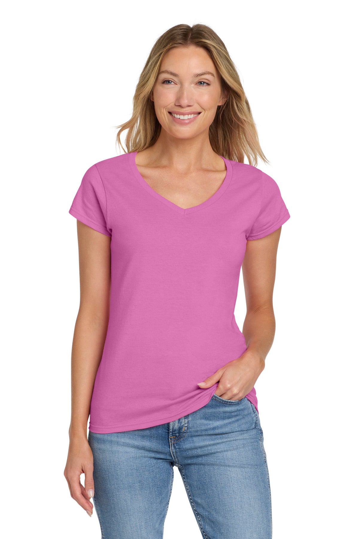 Gildan Softstyle Women's Fit V-Neck T-Shirt. 64V00L - Azalea