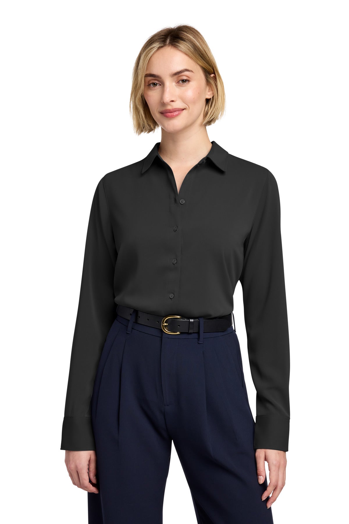 Brooks Brothers Women's Full-Button Satin Blouse BB18007 - Deep Black
