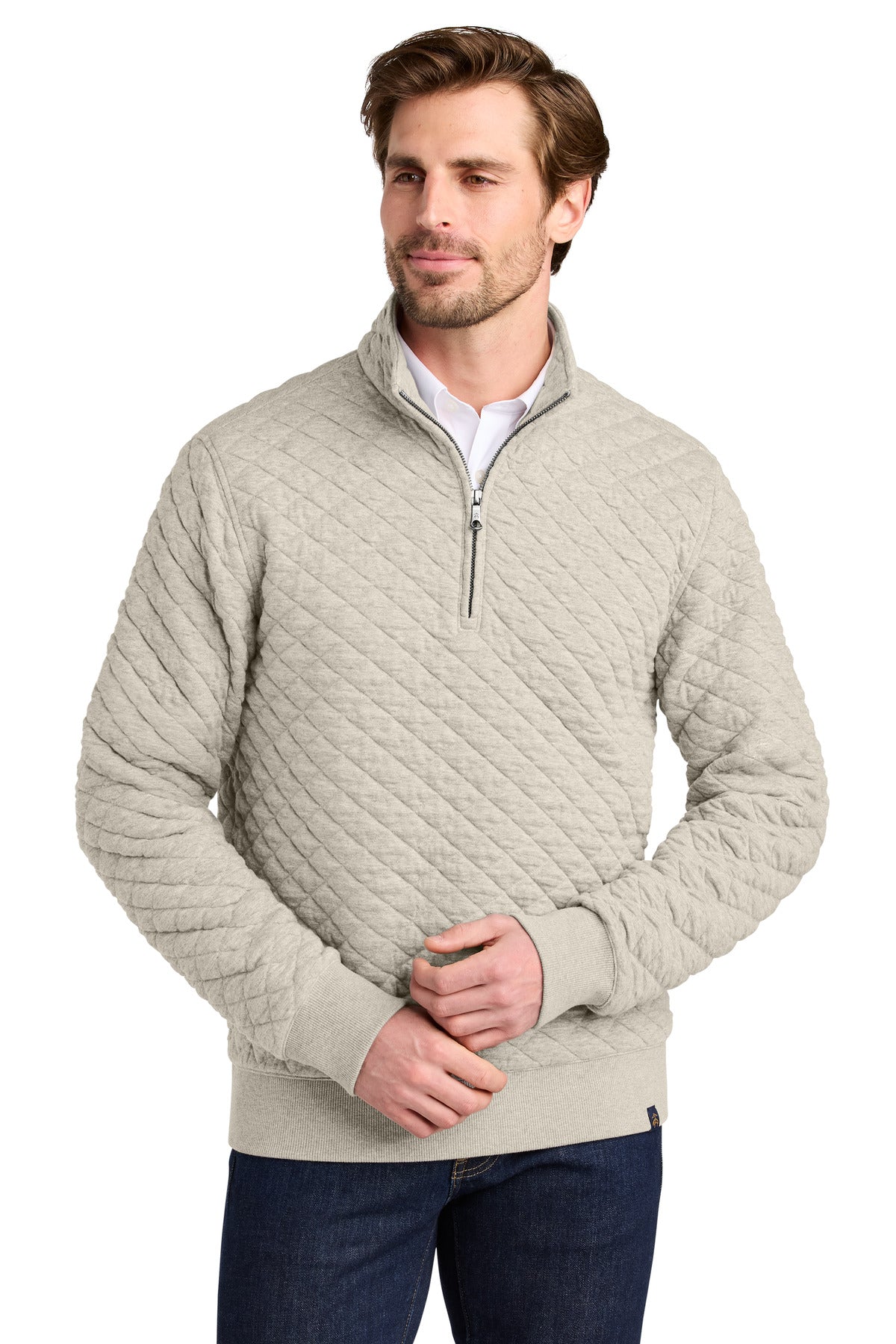 Brooks Brothers Diamond Quilt 1/4-Zip BB18212 - Oatmeal Heather