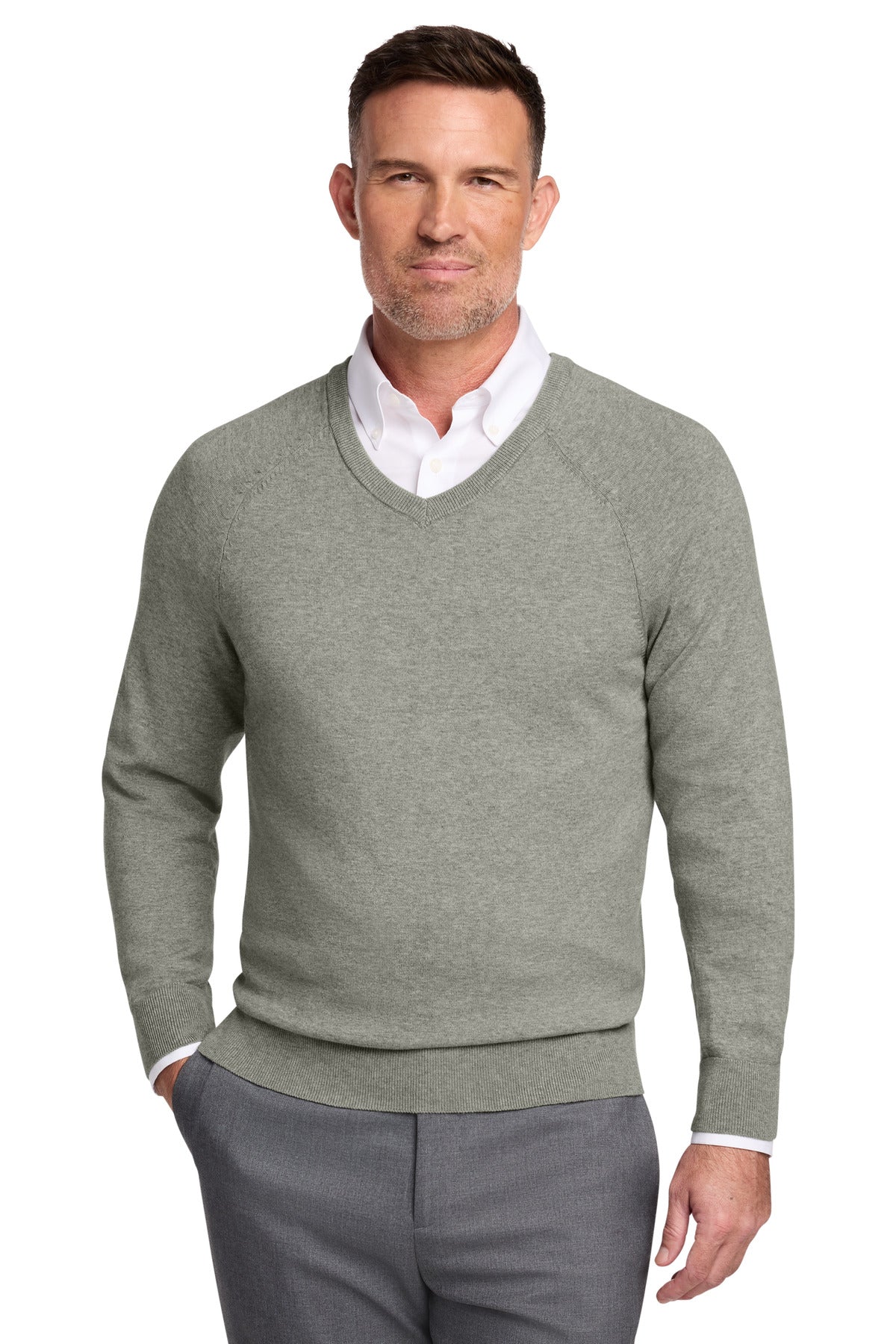 Brooks Brothers Cotton Stretch V-Neck Sweater BB18400 - Light Shadow Grey Heather