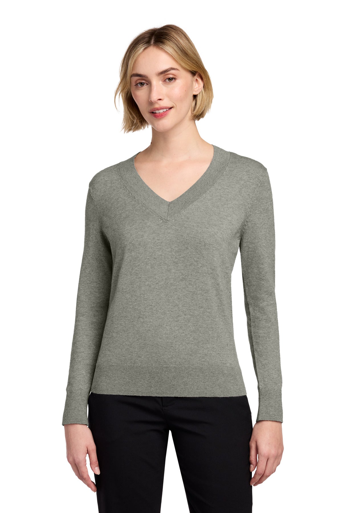 Brooks Brothers Women's Cotton Stretch V-Neck Sweater BB18401 - Light Shadow Grey Heather