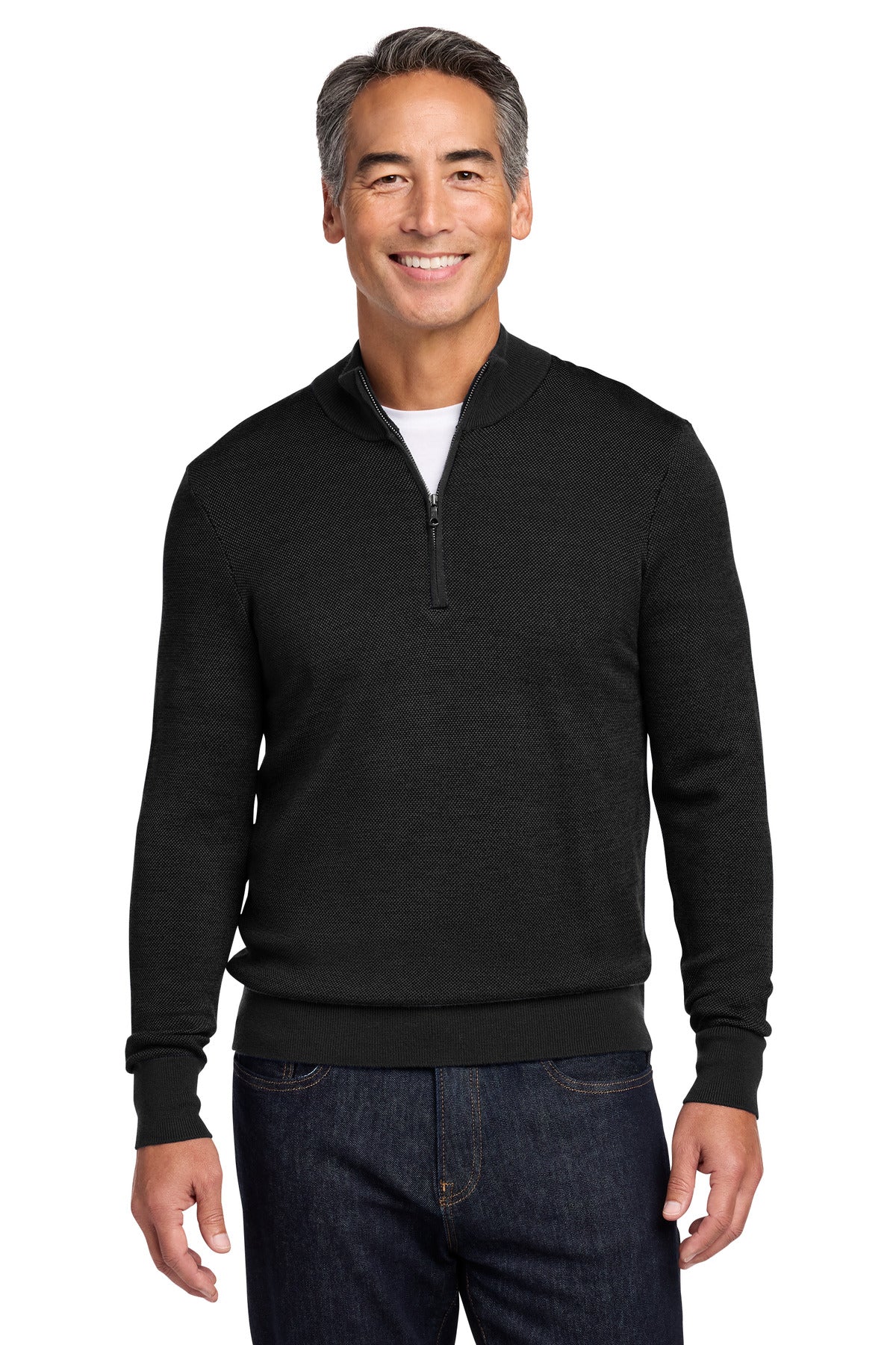 Brooks Brothers Washable Merino Birdseye 1/4-Zip Sweater BB18412 - Deep Black