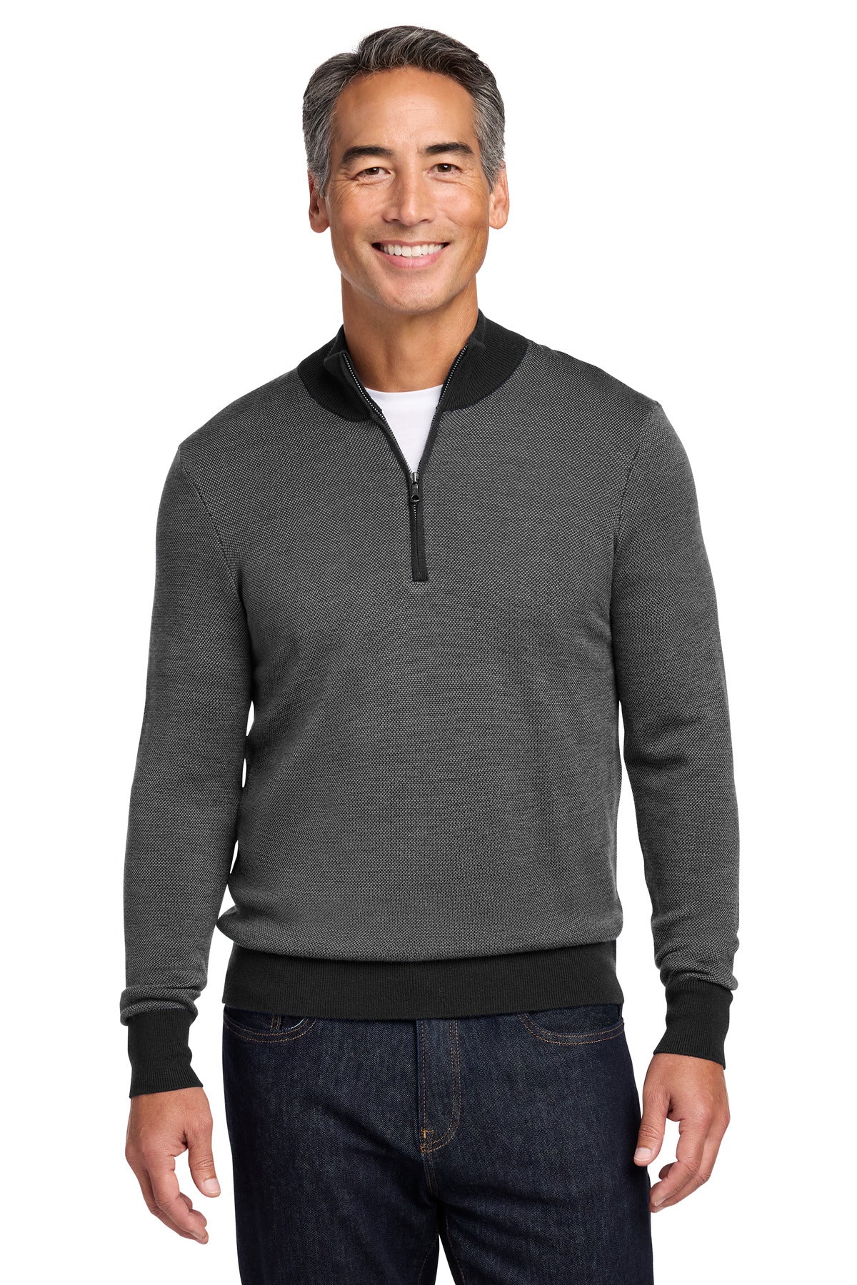 Brooks Brothers Washable Merino Birdseye 1/4-Zip Sweater BB18412 - Deep Black/ Shadow Grey