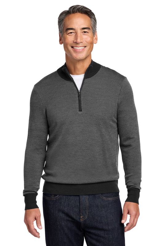 Brooks Brothers Washable Merino Birdseye 1/4-Zip Sweater BB18412 - Deep Black/ Shadow Grey