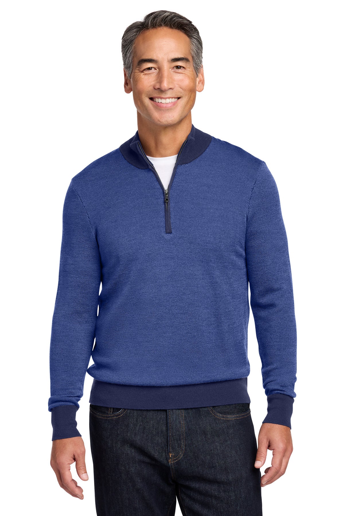 Brooks Brothers Washable Merino Birdseye 1/4-Zip Sweater BB18412 - Navy/ Compass Blue