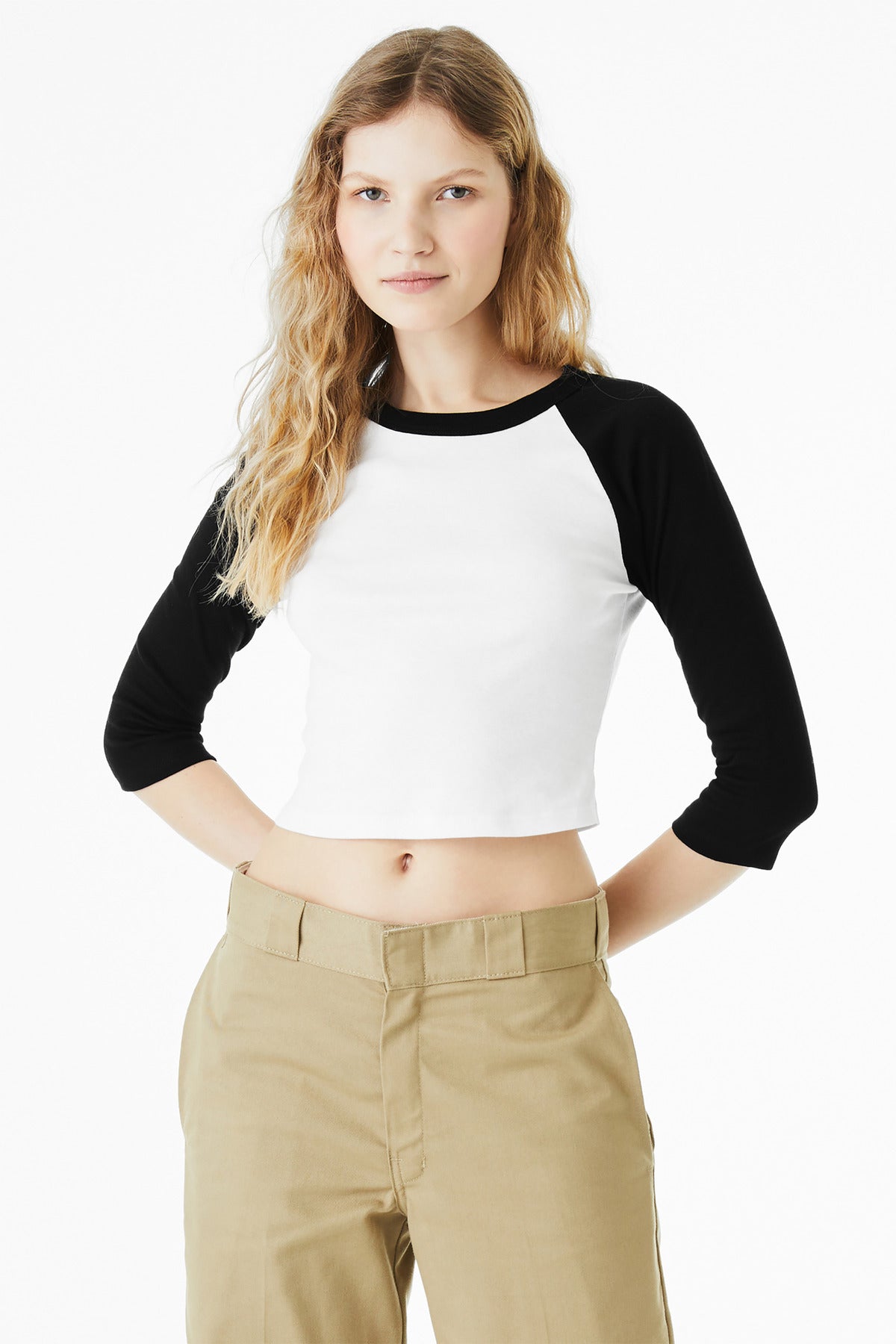 BELLA+CANVAS Women's Micro Rib 3/4 Raglan Baby Tee BC1200 - White/ Black