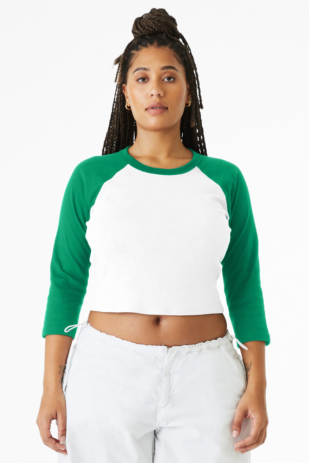 BELLA+CANVAS Women's Micro Rib 3/4 Raglan Baby Tee BC1200 - White/ Kelly