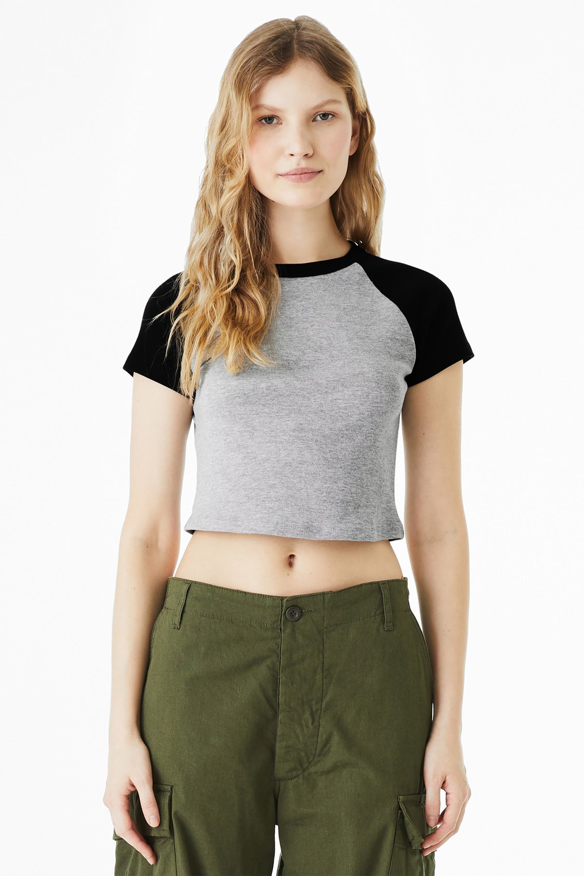 BELLA+CANVAS Women's Micro Rib Raglan Baby Tee BC1201 - Athletic Heather/ Black
