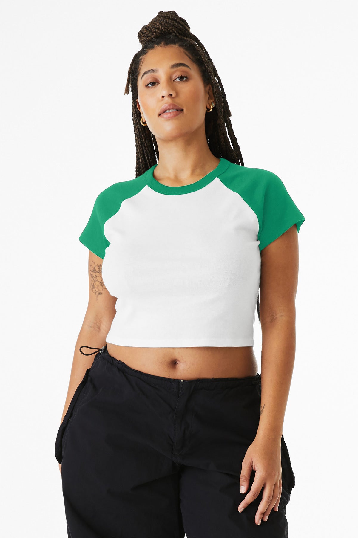BELLA+CANVAS Women's Micro Rib Raglan Baby Tee BC1201 - White/ Kelly
