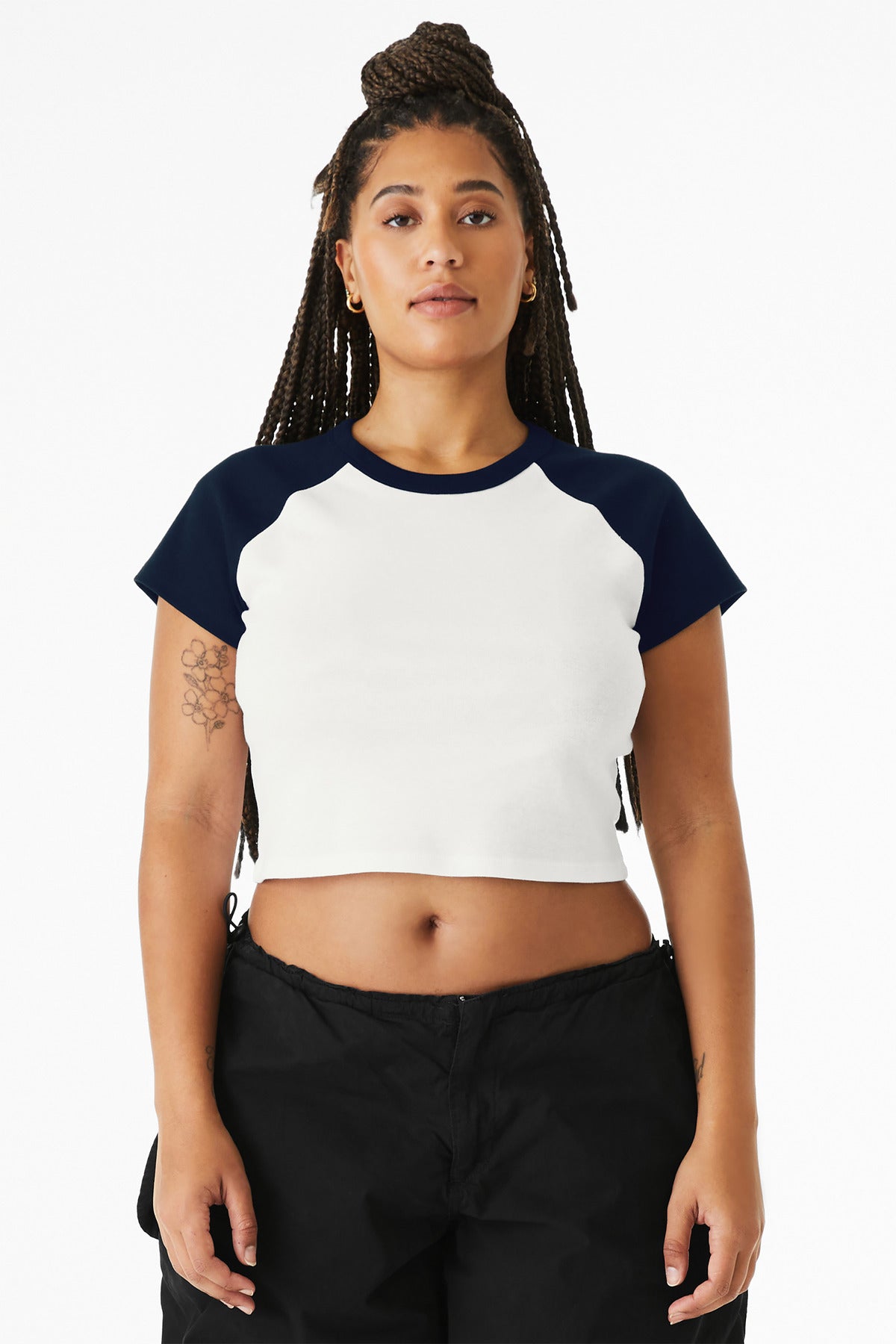 BELLA+CANVAS Women's Micro Rib Raglan Baby Tee BC1201 - White/ Navy