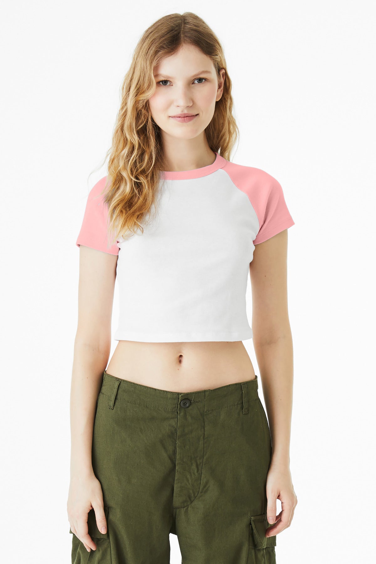 BELLA+CANVAS Women's Micro Rib Raglan Baby Tee BC1201 - White/ Pink