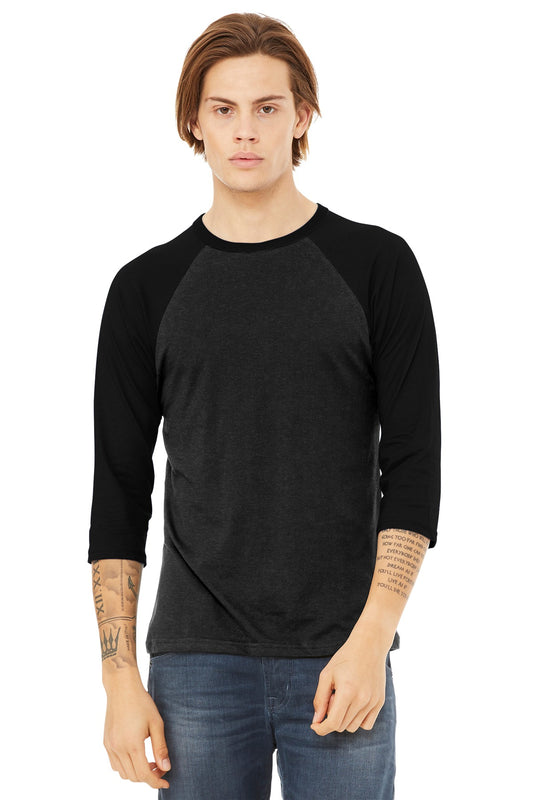 BELLA+CANVAS  Unisex 3/4-Sleeve Baseball Tee. BC3200 - Black Heather/ Black