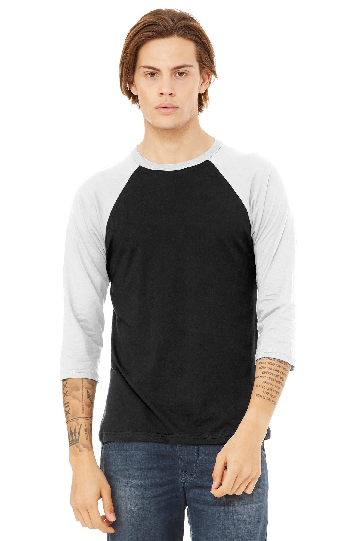 BELLA+CANVAS  Unisex 3/4-Sleeve Baseball Tee. BC3200 - Black/ White