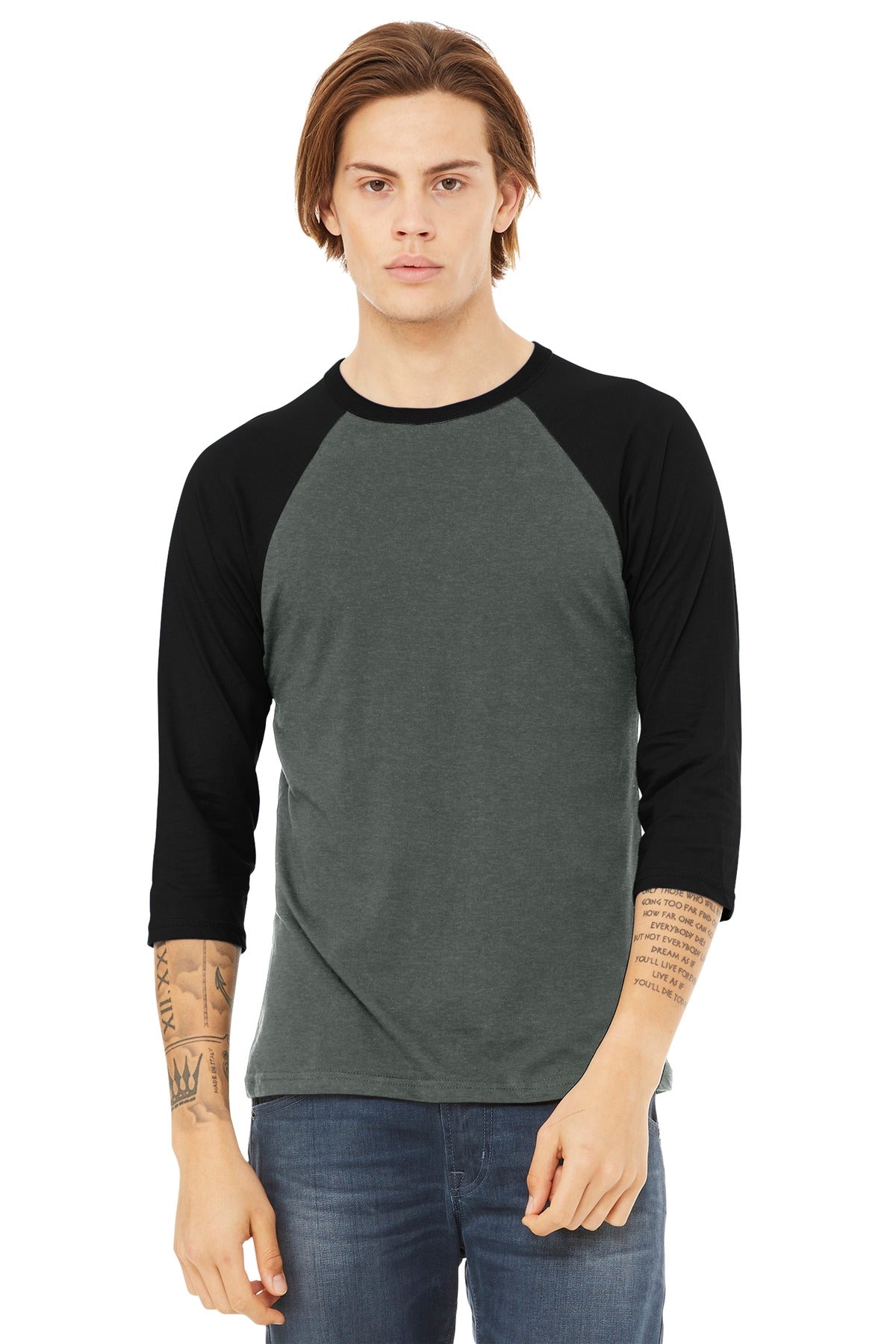 BELLA+CANVAS  Unisex 3/4-Sleeve Baseball Tee. BC3200 - Deep Heather/ Black