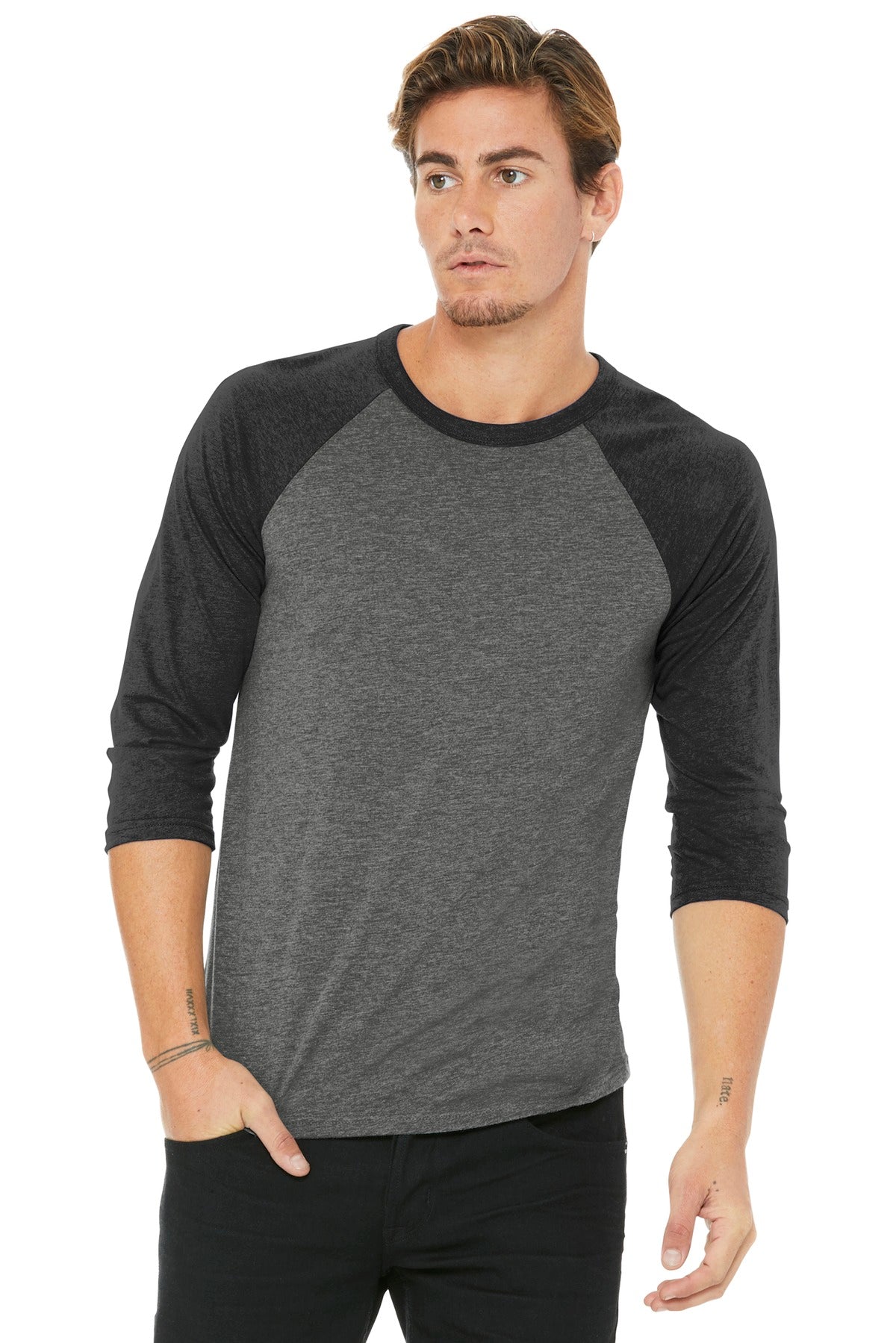 BELLA+CANVAS  Unisex 3/4-Sleeve Baseball Tee. BC3200 - Grey/ Charcoal-Black Triblend