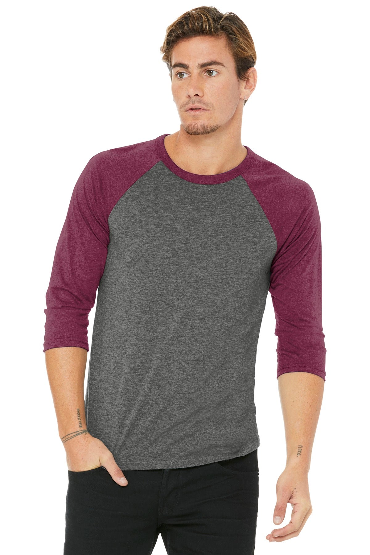 BELLA+CANVAS  Unisex 3/4-Sleeve Baseball Tee. BC3200 - Grey/ Maroon Triblend