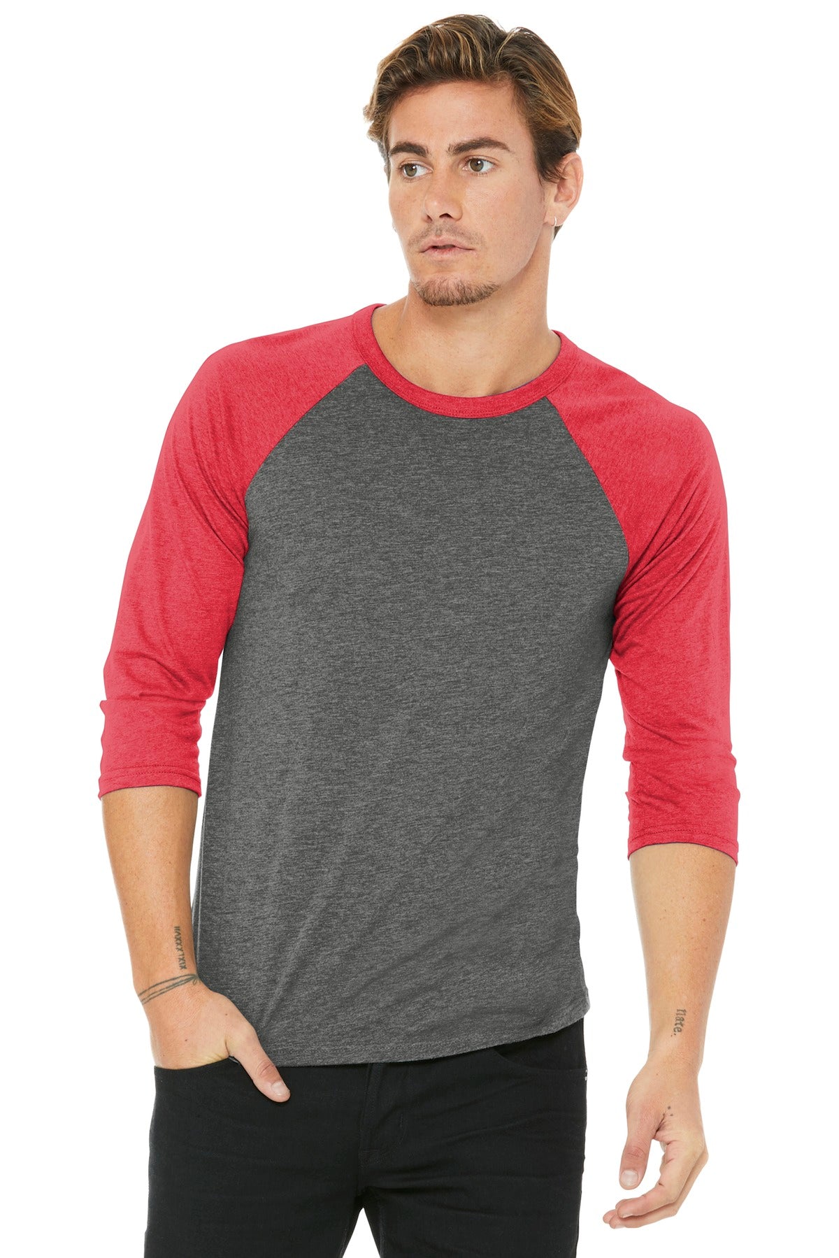 BELLA+CANVAS  Unisex 3/4-Sleeve Baseball Tee. BC3200 - Grey/ Red Triblend