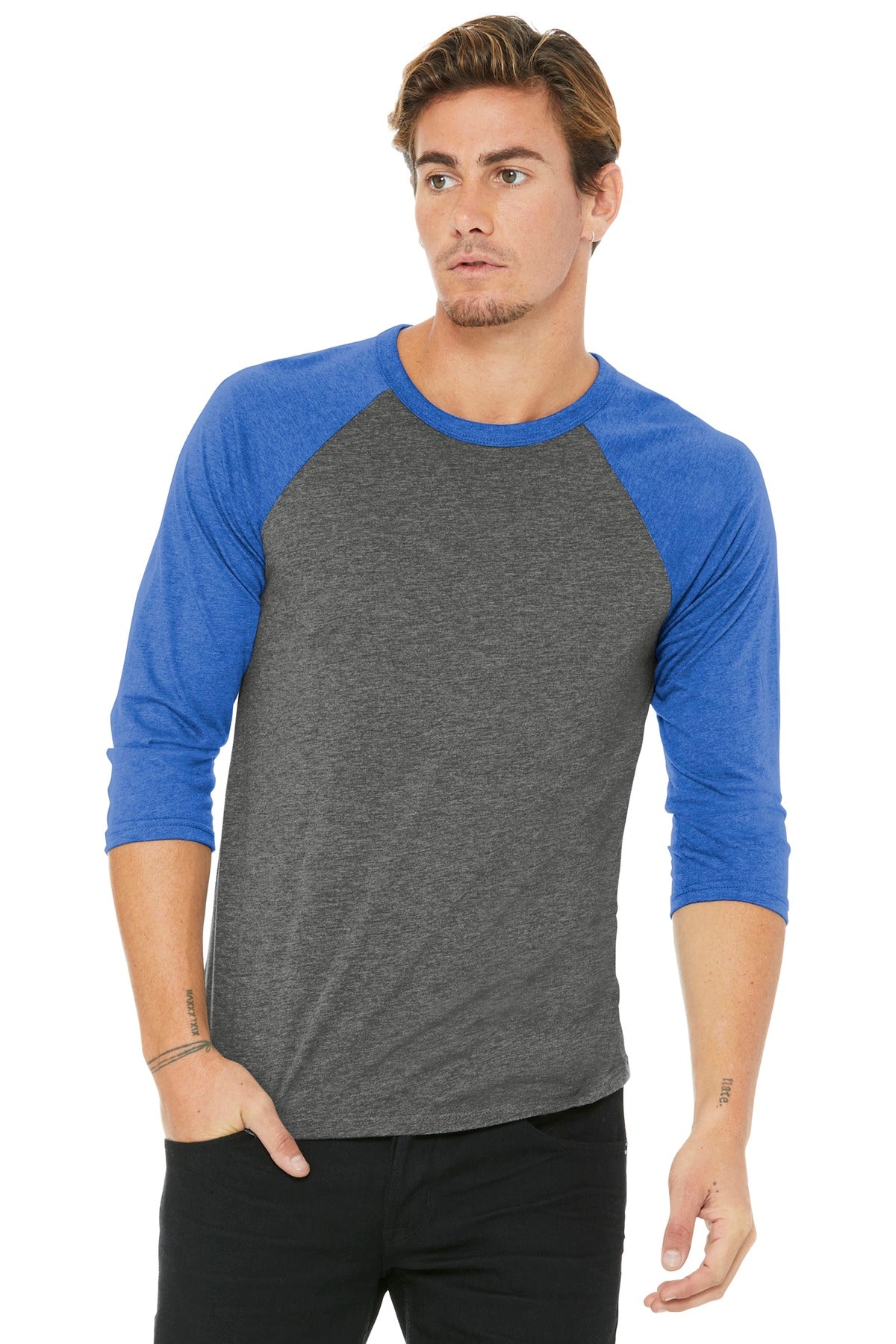 BELLA+CANVAS  Unisex 3/4-Sleeve Baseball Tee. BC3200 - Grey/ True Royal Triblend