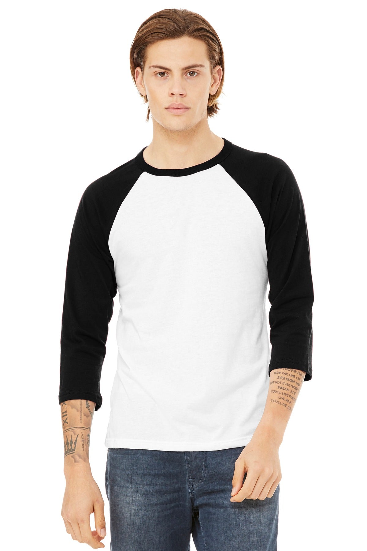 BELLA+CANVAS  Unisex 3/4-Sleeve Baseball Tee. BC3200 - White/ Black