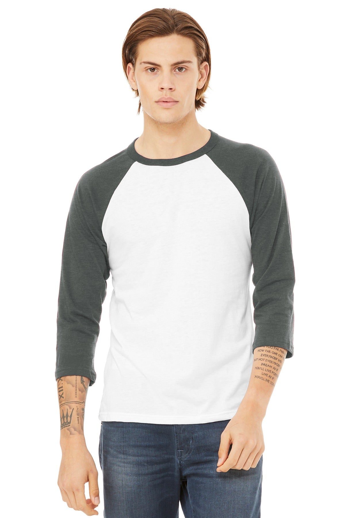 BELLA+CANVAS  Unisex 3/4-Sleeve Baseball Tee. BC3200 - White/ Deep Heather