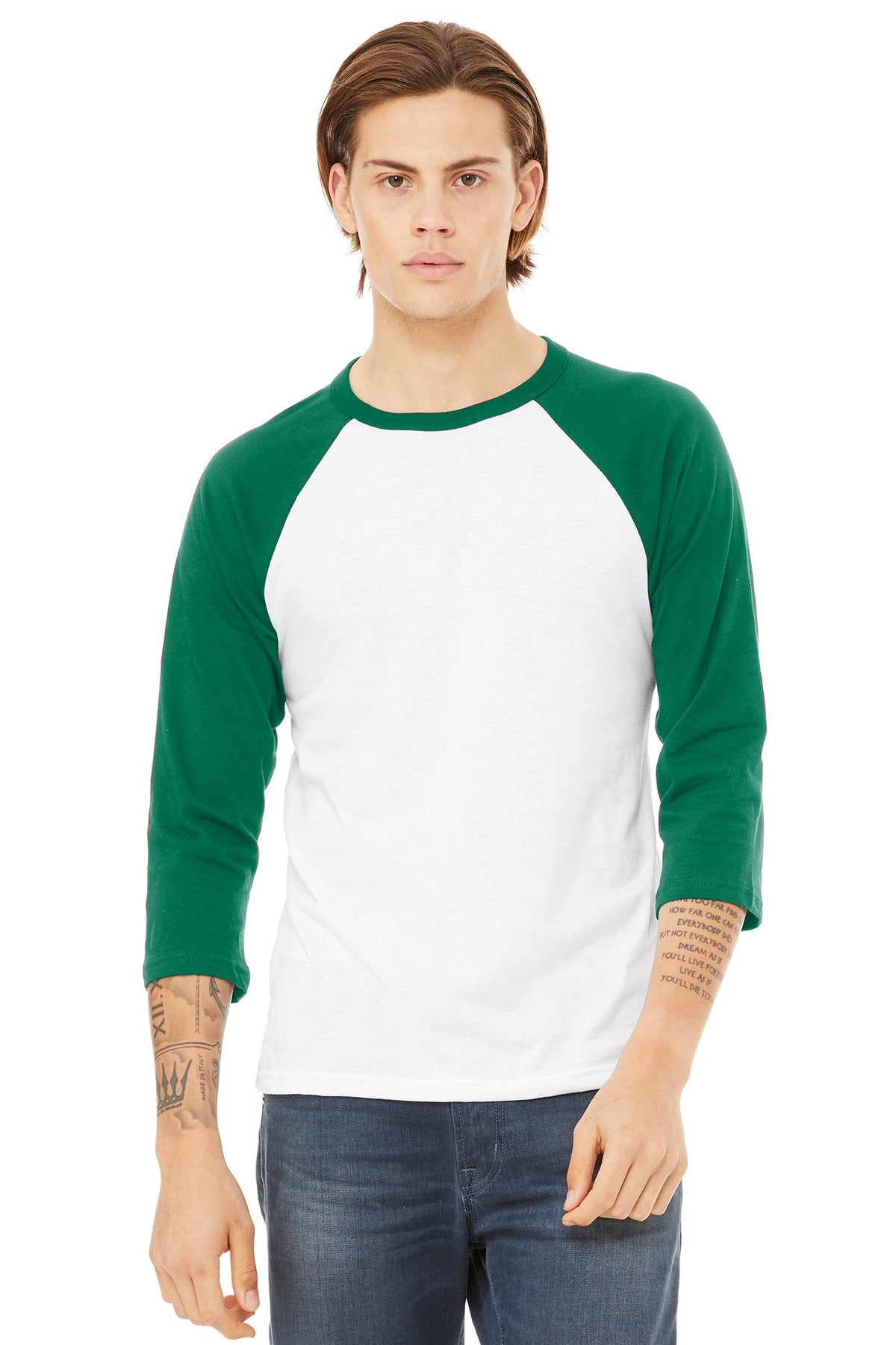 BELLA+CANVAS  Unisex 3/4-Sleeve Baseball Tee. BC3200 - White/ Kelly