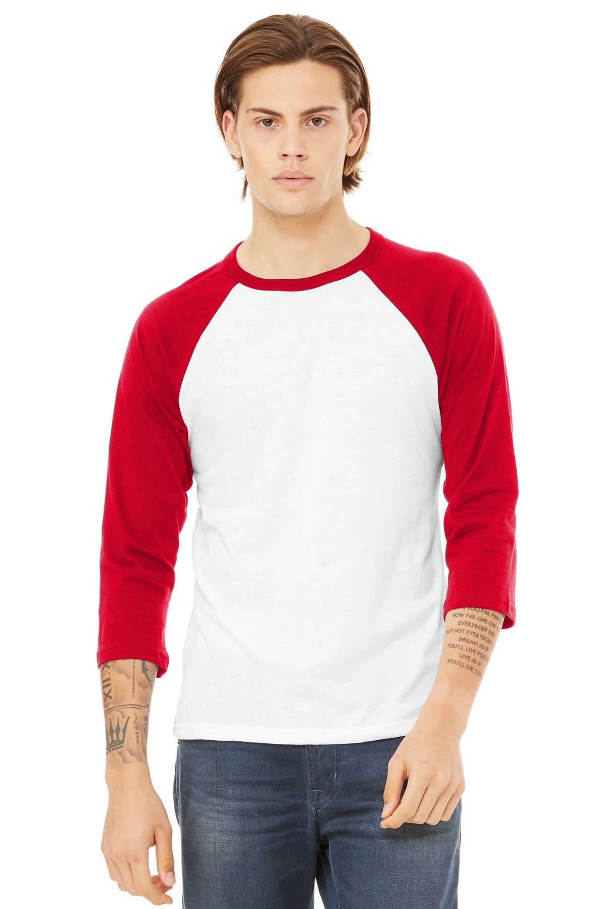 BELLA+CANVAS  Unisex 3/4-Sleeve Baseball Tee. BC3200 - White/ Red