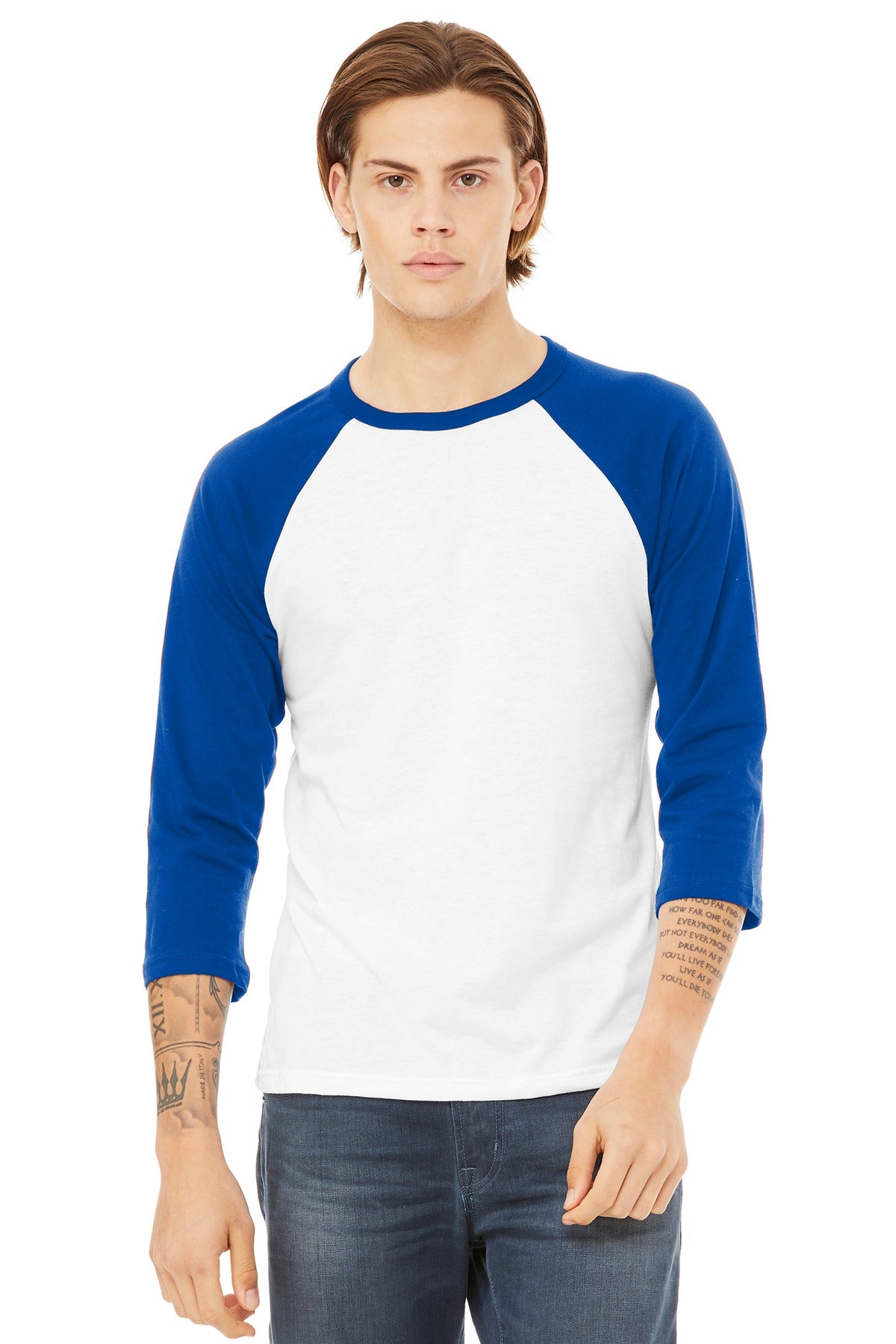 BELLA+CANVAS  Unisex 3/4-Sleeve Baseball Tee. BC3200 - White/ True Royal