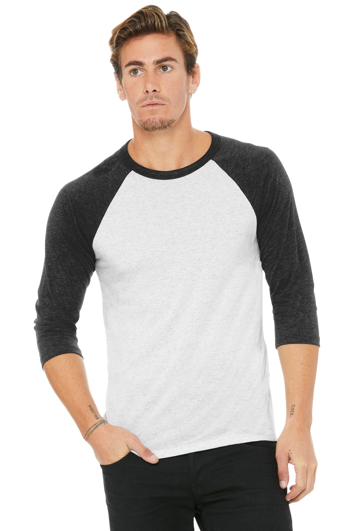 BELLA+CANVAS  Unisex 3/4-Sleeve Baseball Tee. BC3200 - White Fleck/ Charcoal-Black Triblend