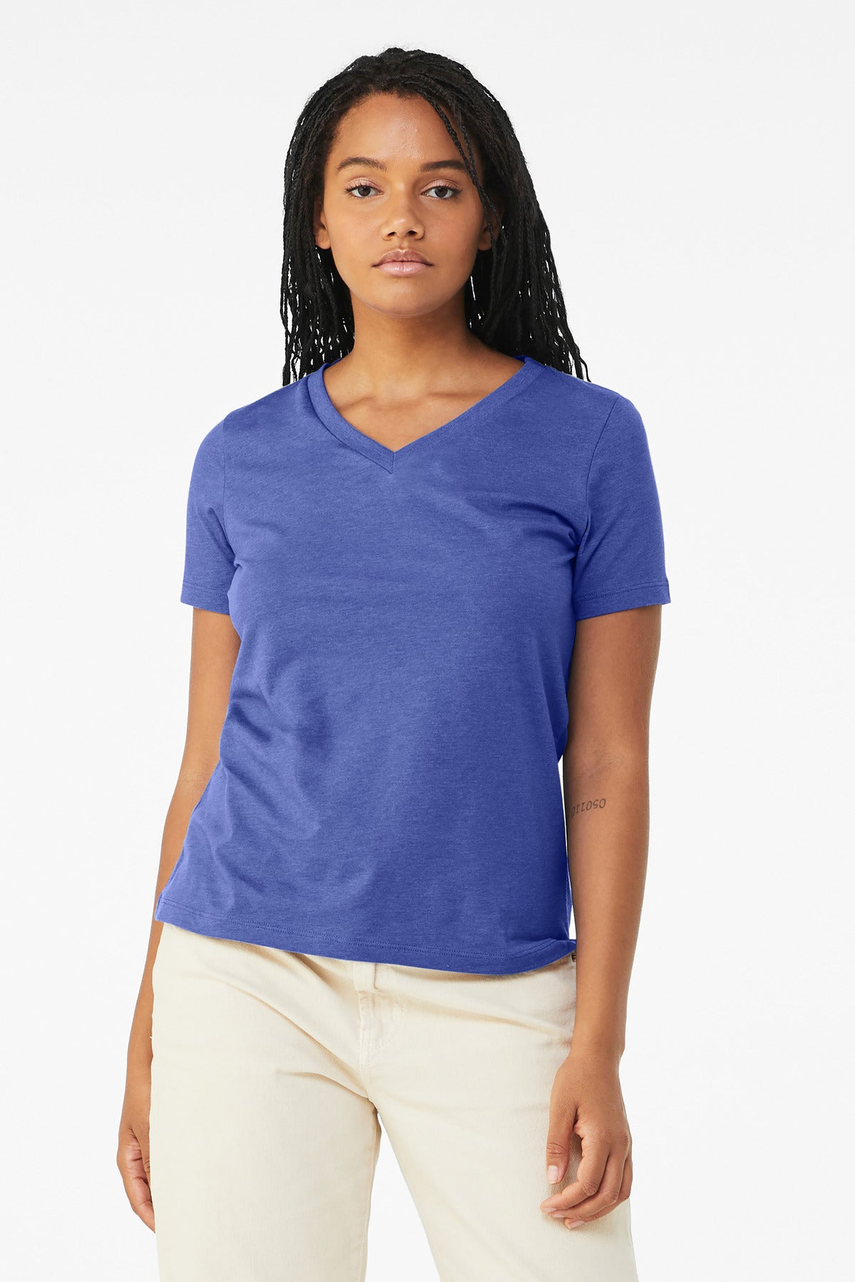BELLA+CANVAS Women's Relaxed Heather CVC V-Neck Tee BC6405CVC - Heather True Royal