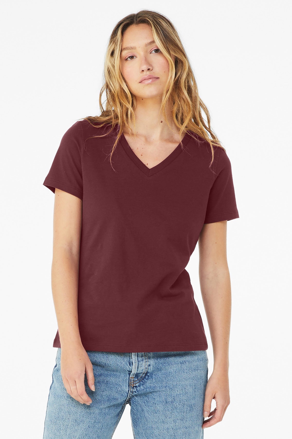 BELLA+CANVAS  Women's Relaxed Jersey Short Sleeve V-Neck Tee. BC6405 - Maroon