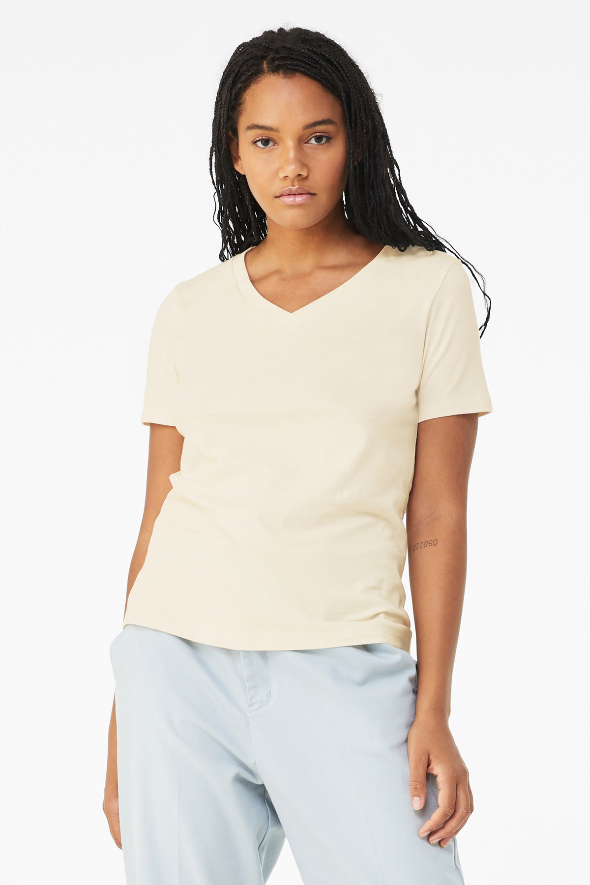 BELLA+CANVAS  Women's Relaxed Jersey Short Sleeve V-Neck Tee. BC6405 - Natural