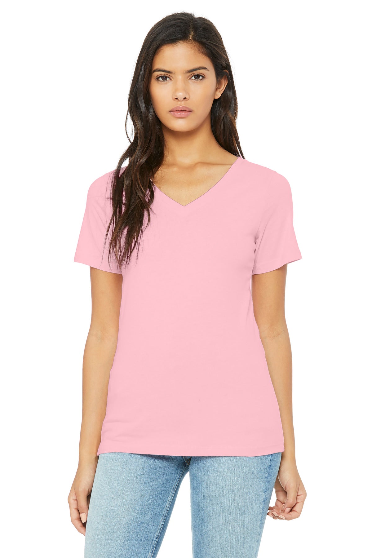 BELLA+CANVAS  Women's Relaxed Jersey Short Sleeve V-Neck Tee. BC6405 - Pink