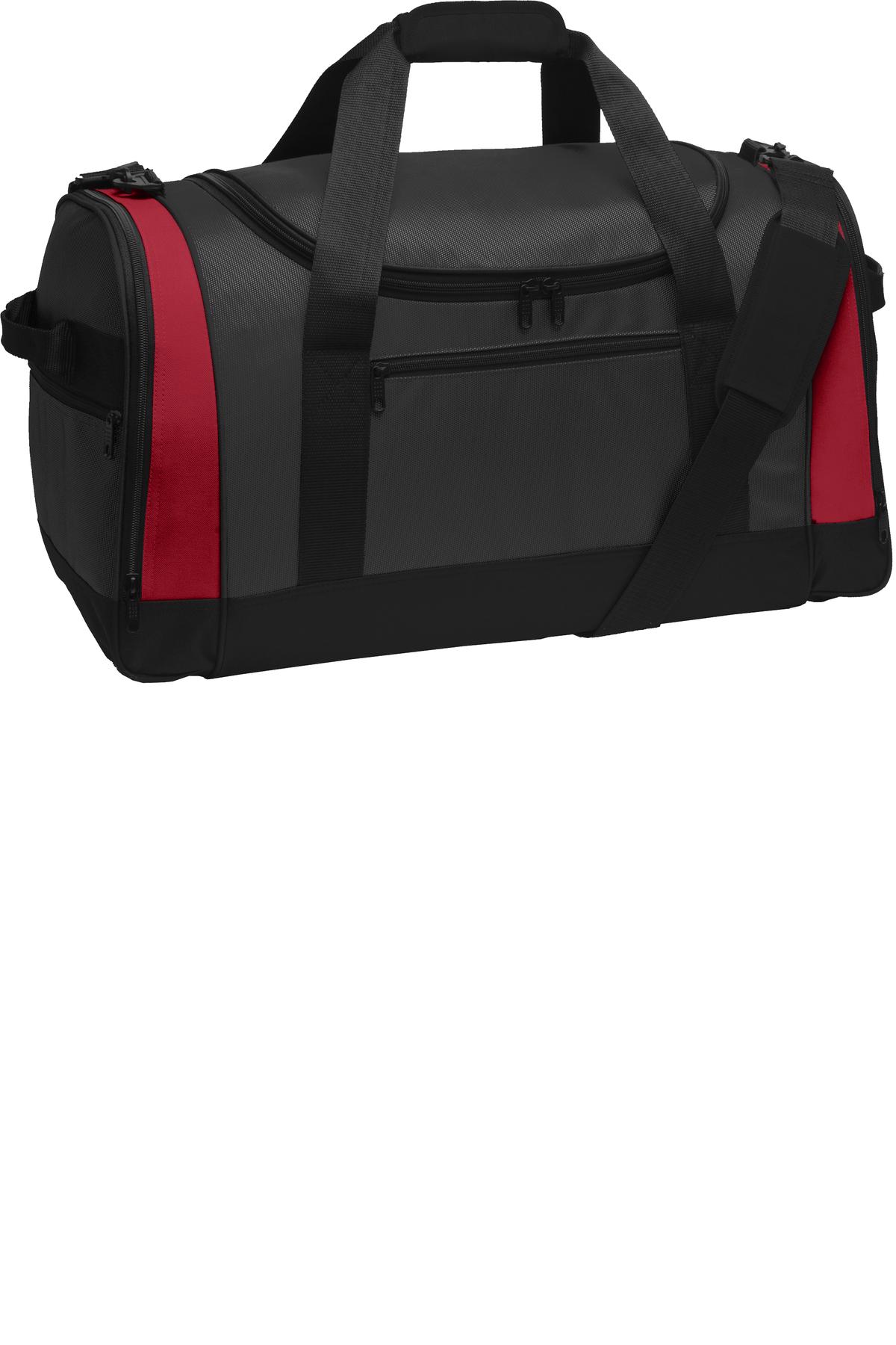 Port Authority Voyager Sports Duffel. BG800 - Dark Grey/ Red