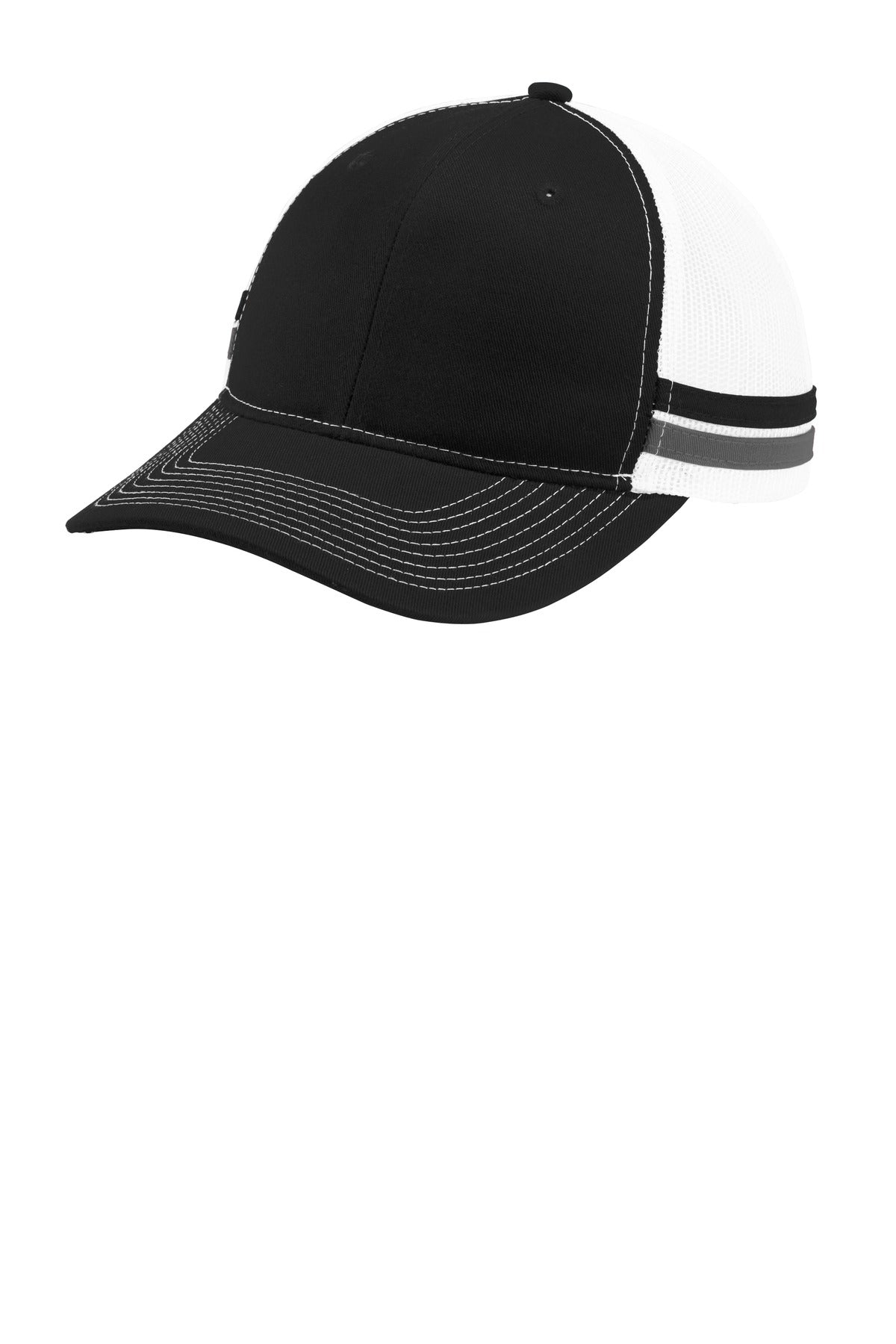 Port Authority  Two-Stripe Snapback Trucker Cap. C113 - Black/ Grey Steel/ White