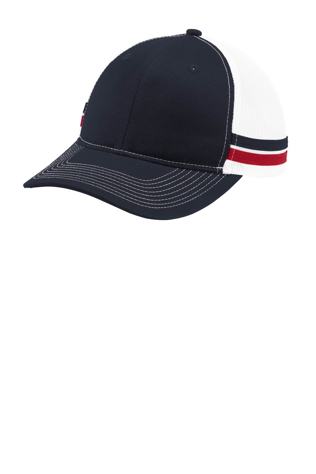 Port Authority  Two-Stripe Snapback Trucker Cap. C113 - Rich Navy/ Flame Red/ White