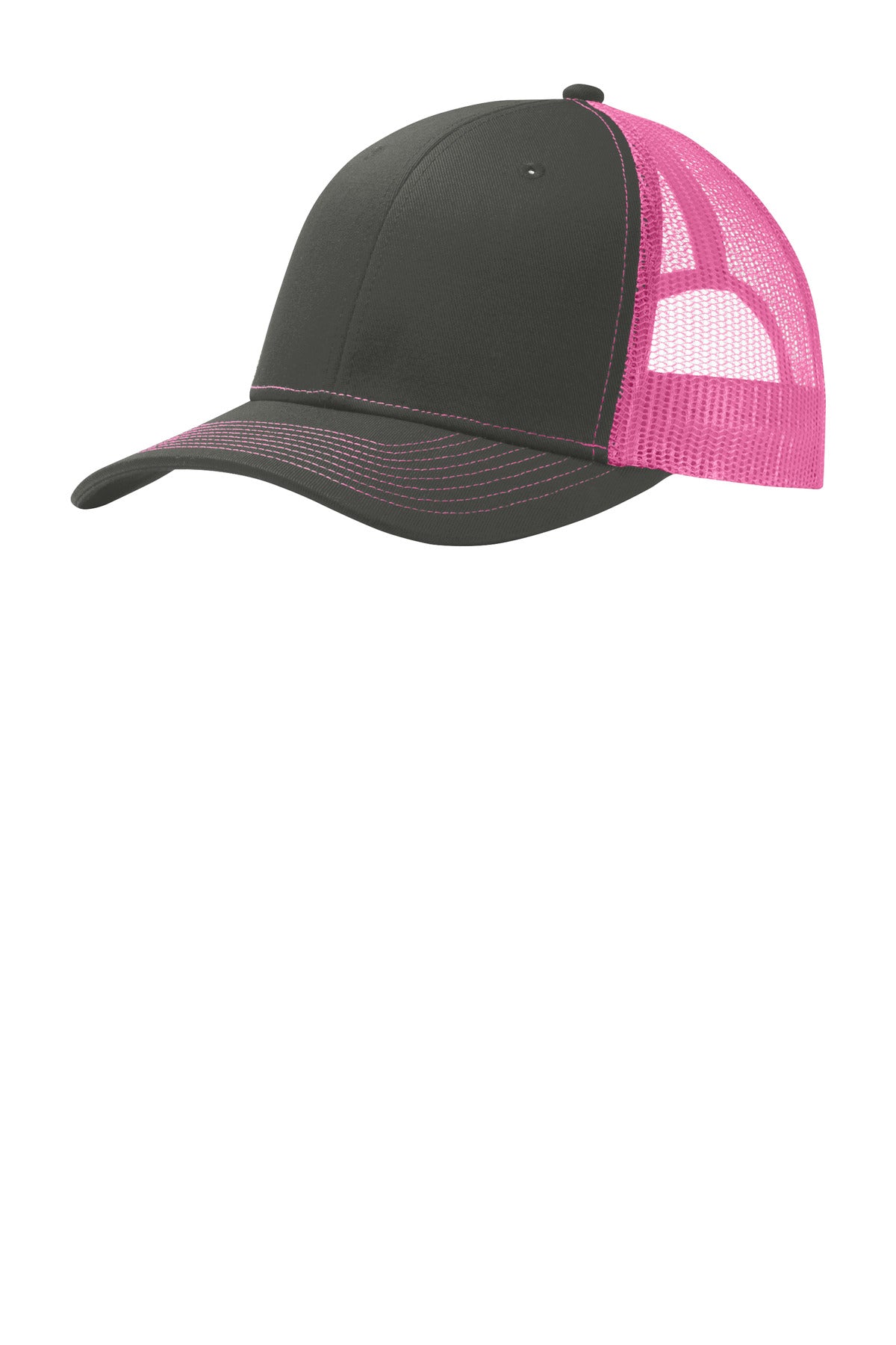 Port Authority Snapback Trucker Cap. C402 - Grey Steel/ Neon Pink